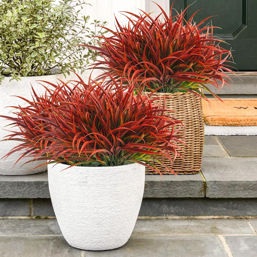 Uieke 6 Bundles Artificial Outdoor Plants UV Resistant Fake Grass Plants Faux Plastic Plants Greenery Shrubs for Home Garden Pathway Window Box Front Porch Cemetery Fall Decor, Autumn Red