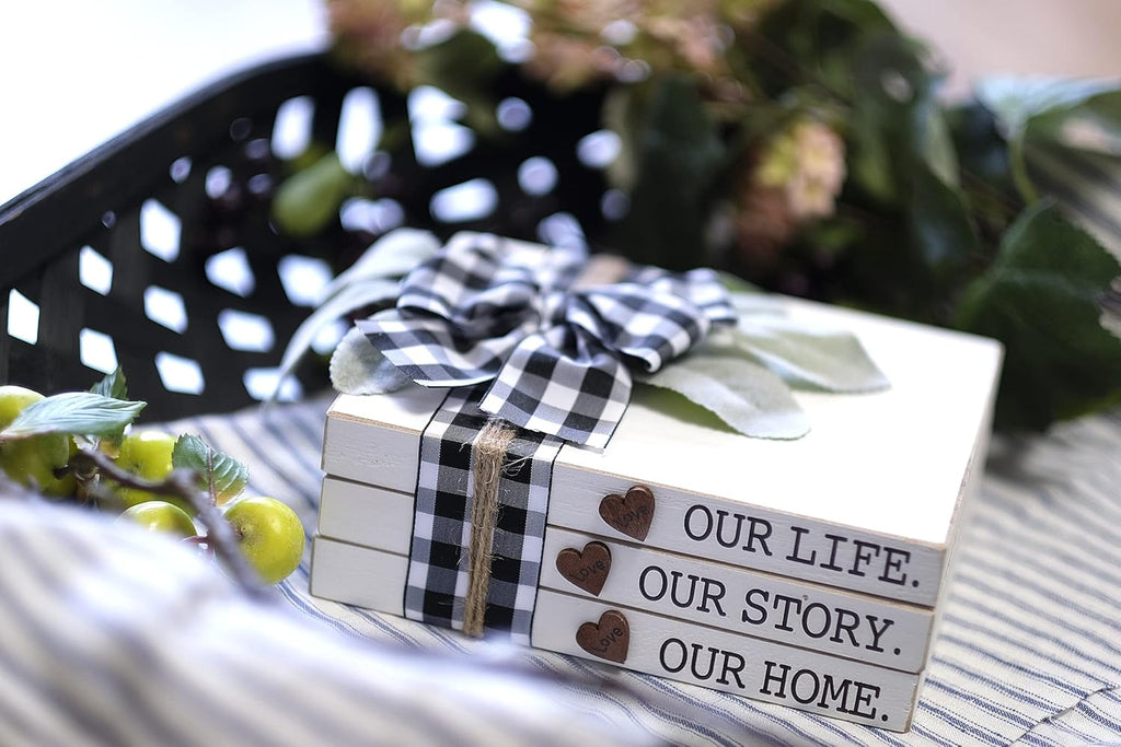 Our Life Our Story Our Home-Farmhouse Stacked Books, 3 Stacked Decorative Books, Rustic Wooden Signs for Home Decor-Housewarming Gifts