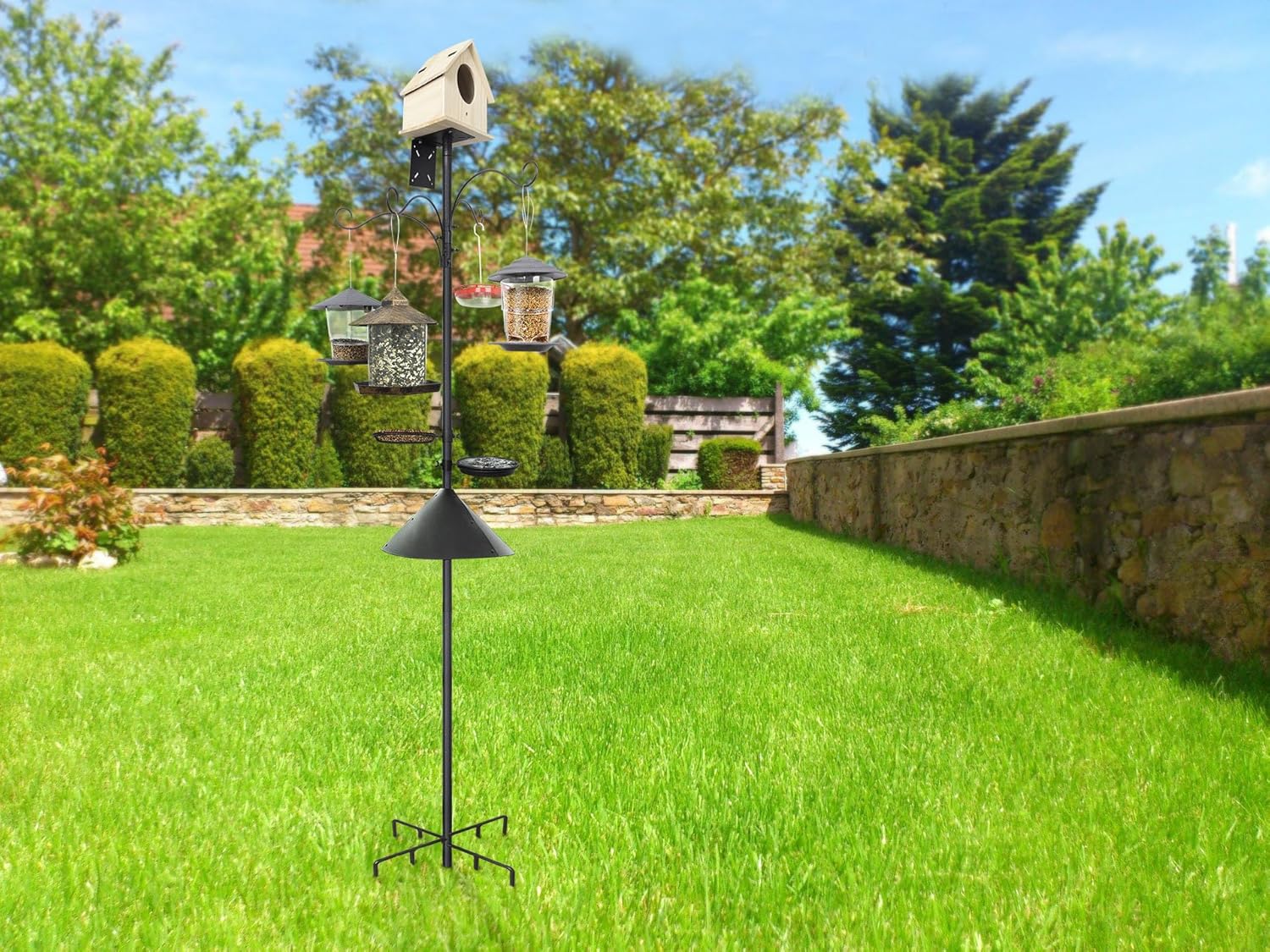 eWonLife 92 Inch Bird Feeder Pole with Squirrel Baffle & Upgraded 9-Prong Base, Adjustable Bird House Pole for Outdoors Heavy Duty, Bird Feeder Stand Post Station with 4 Shepherd Hooks, Birdbath, Tray