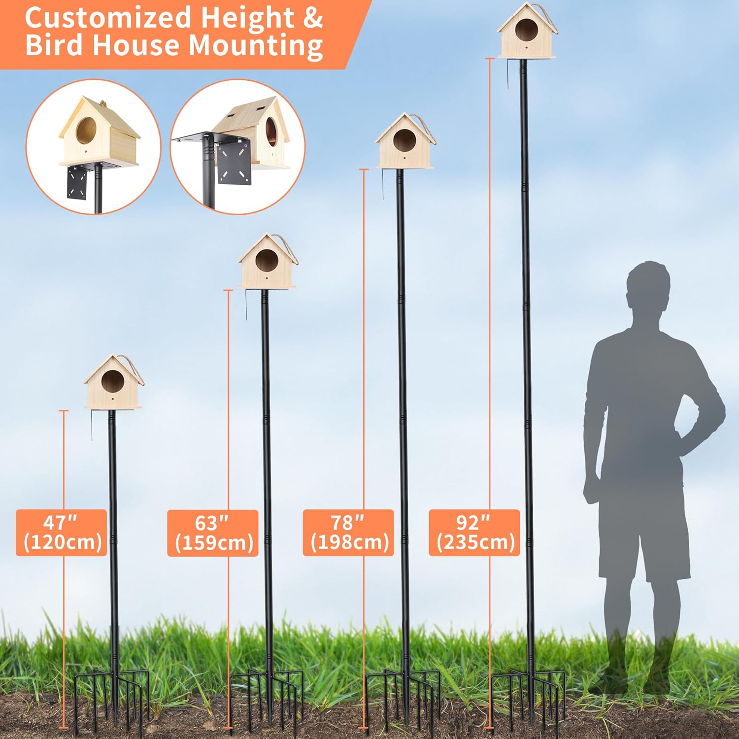 eWonLife 92 Inch Bird Feeder Pole with Squirrel Baffle & Upgraded 9-Prong Base, Adjustable Bird House Pole for Outdoors Heavy Duty, Bird Feeder Stand Post Station with 4 Shepherd Hooks, Birdbath, Tray