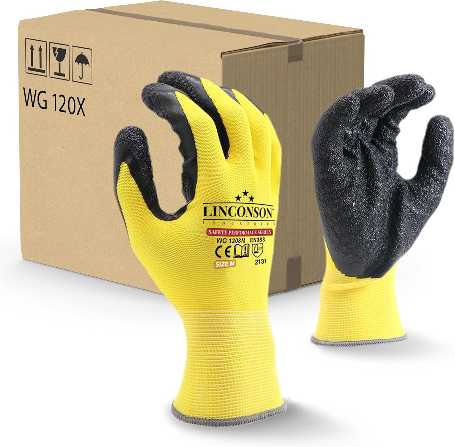 linconson 12 Pack Safety Performance Series Construction Mechanics Wrinkle Latex Work Gloves