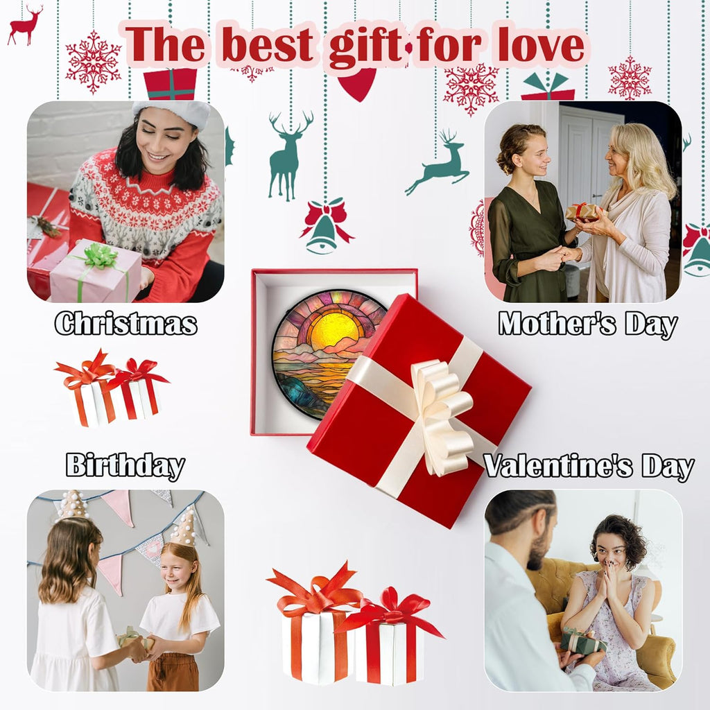 Stained Glass Window Hanging, Sunrise Over The Sea Suncatcher Diamond Glass Panel Hangings Abstract Sun Catchers Decor for Birthday for Women, Men, Wife, Aunt, and Mom 9.8 in