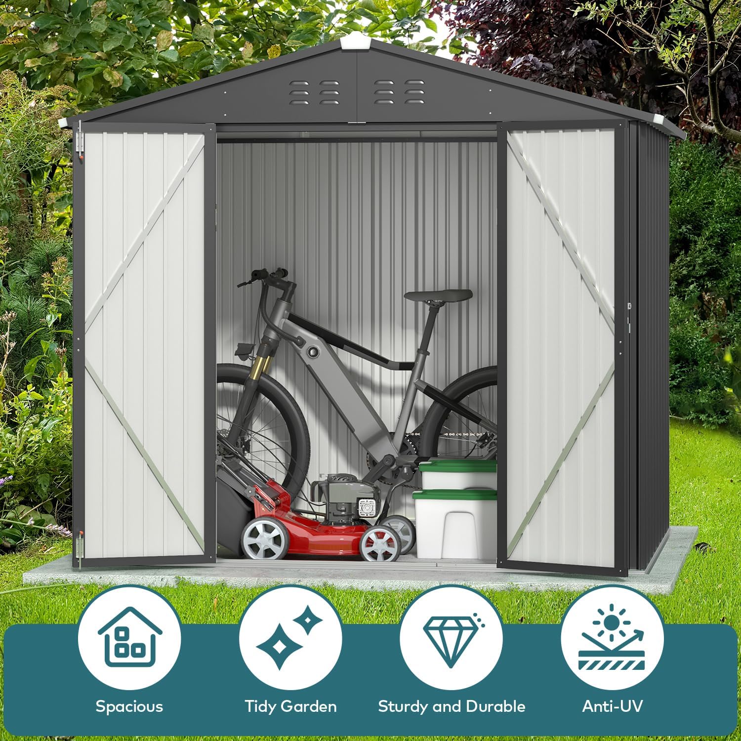 Gizoon Outdoor Storage Shed 8 x 6 FT, Galvanized Metal Garden Shed with Double Lockable Doors, Outdoor Storage Clearance for Backyard Patio Lawn-Dark Grey