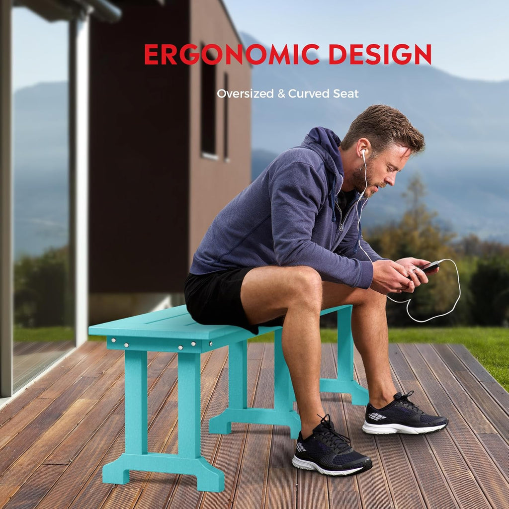Outdoor Benches Weatherproof, Park Long Bench Poly Lumber Backless for Entryway Front Porch Garden Bench Seat for Patio, Turquoise