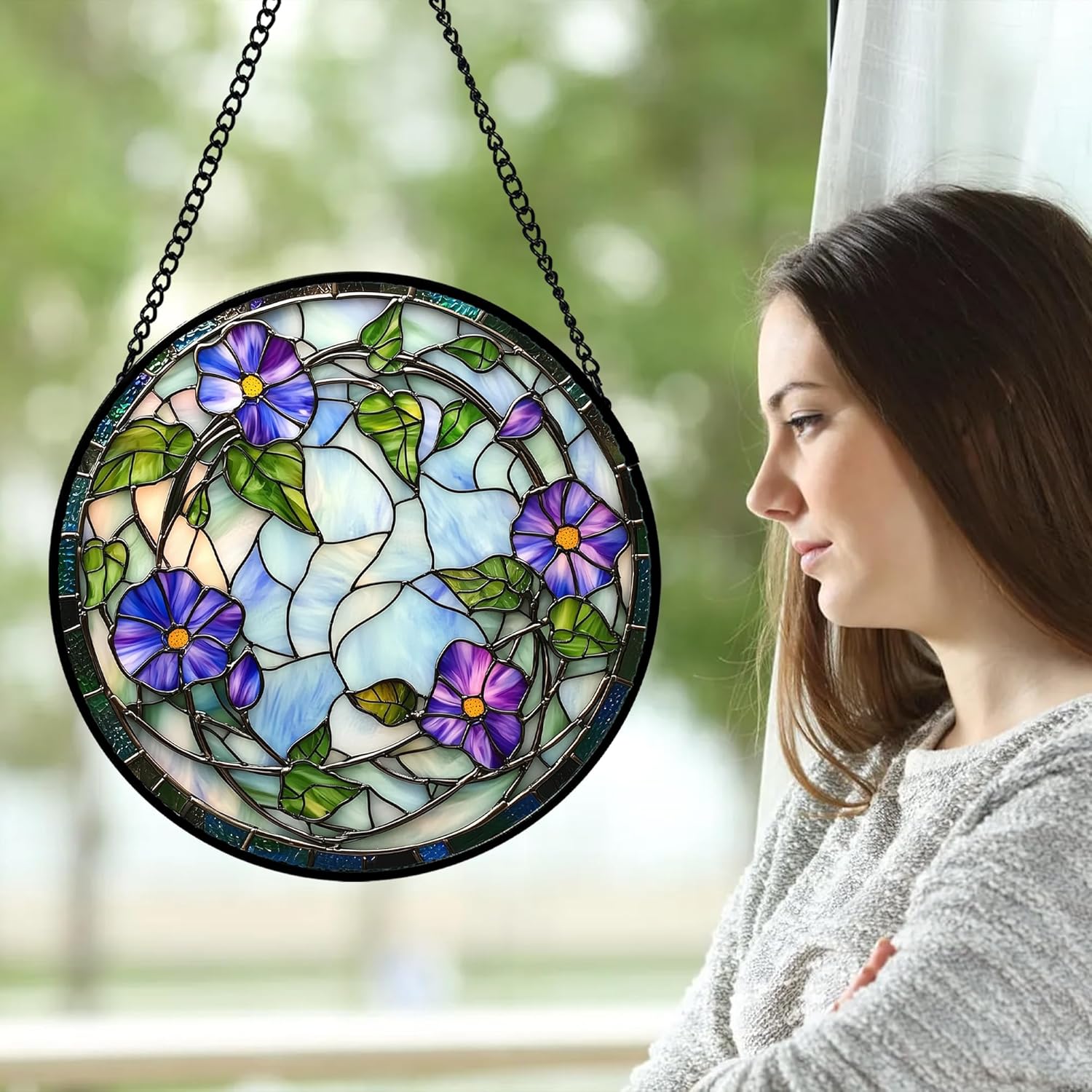 Stained Glass Window Hanging, Purple Morning Glory Flowers Suncatcher for Doors Window Home Plant Sun Catchers Decoration Mother's Day Birthday Gifts for Women, Men, and Mom 11.8x11.8 in