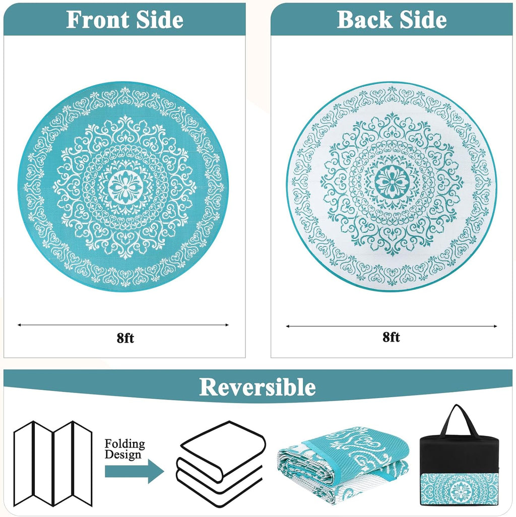 Pauwer Waterproof Outdoor Rug 8ft, Reversible Plastic Straw Patio Camping Rug, Indoor Outdoor RV Mat Carpet for Deck, Camper, Porch, Balcony, Backyard, Picnic, Floral Teal