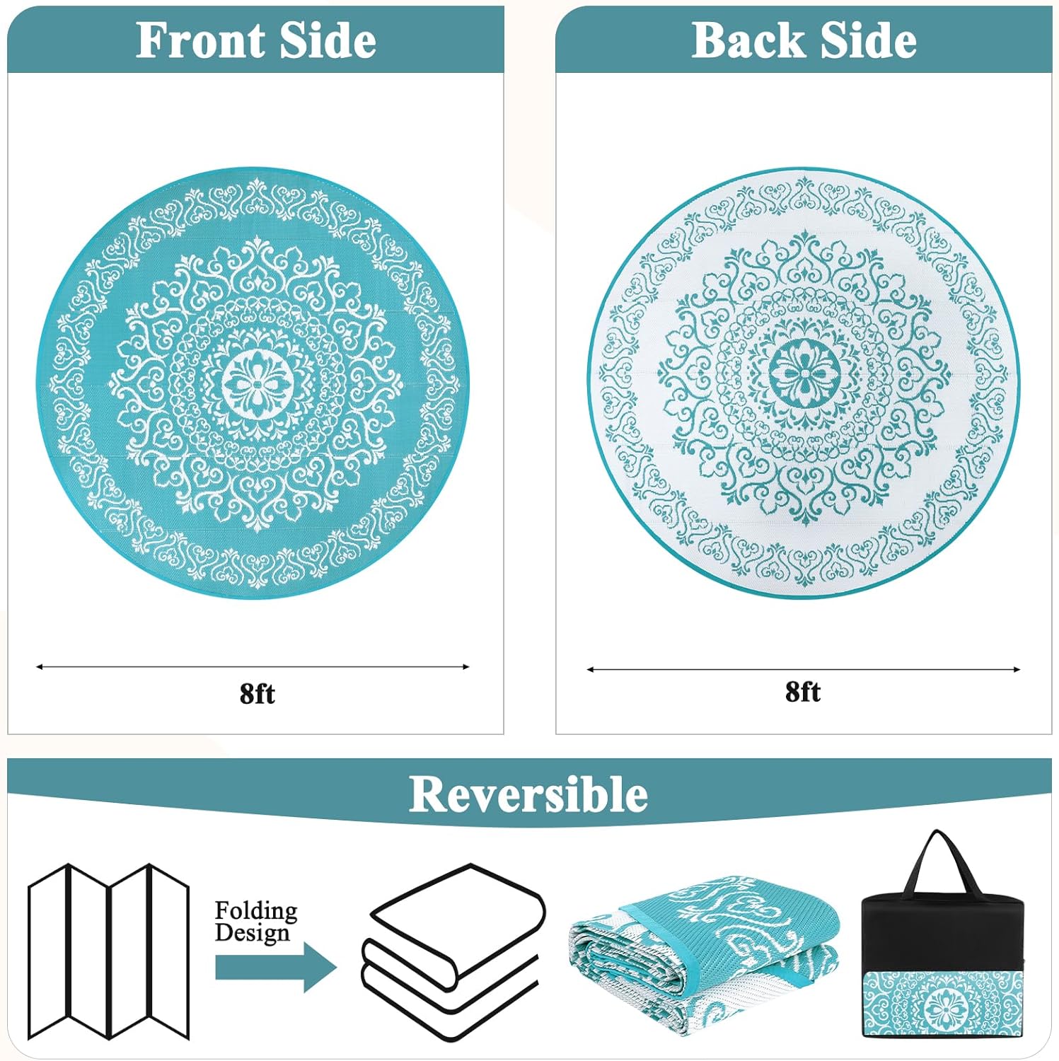 Pauwer Waterproof Outdoor Rug 8ft, Reversible Plastic Straw Patio Camping Rug, Indoor Outdoor RV Mat Carpet for Deck, Camper, Porch, Balcony, Backyard, Picnic, Floral Teal