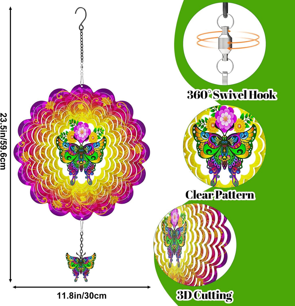 Hanging Butterfly Wind Spinners, Metal Kinetic Wind Spinner 3D Stainless Steel Laser Cut Wind Sculptures for Window Indoor Garden Decor Yard Art (Red)