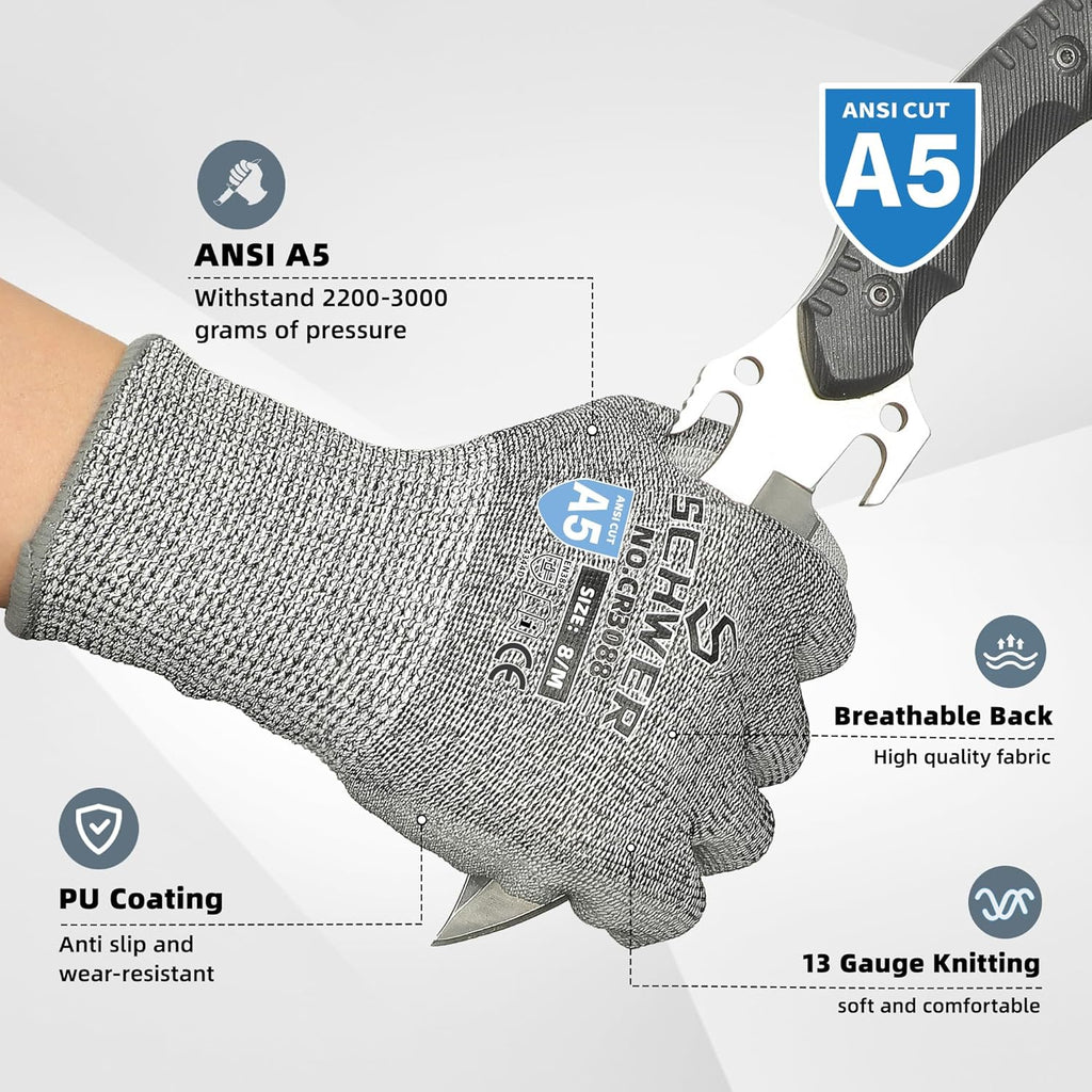 12 Pairs ANSI A5 Cut Resistant Work Gloves, Cut Proof Gloves with PU Coating, Used for Metal Fabrication, WoodWorking, Construction, Non Slip, Durable, S, CR3088