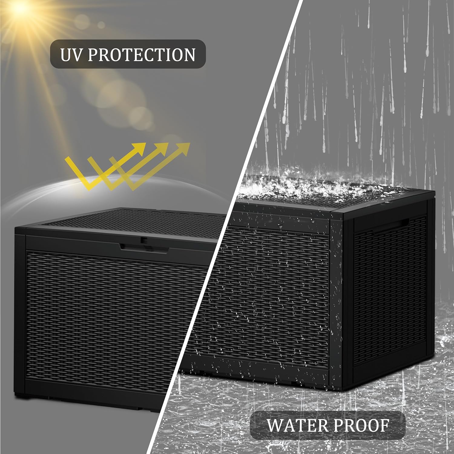 100GAL Black Wicker - Textured Outdoor Deck Box with Lockable – Waterproof, SGS - Verified UV Resistance, Stylish Storage for Patio Furniture & Outdoor Toys, Quick Assembly