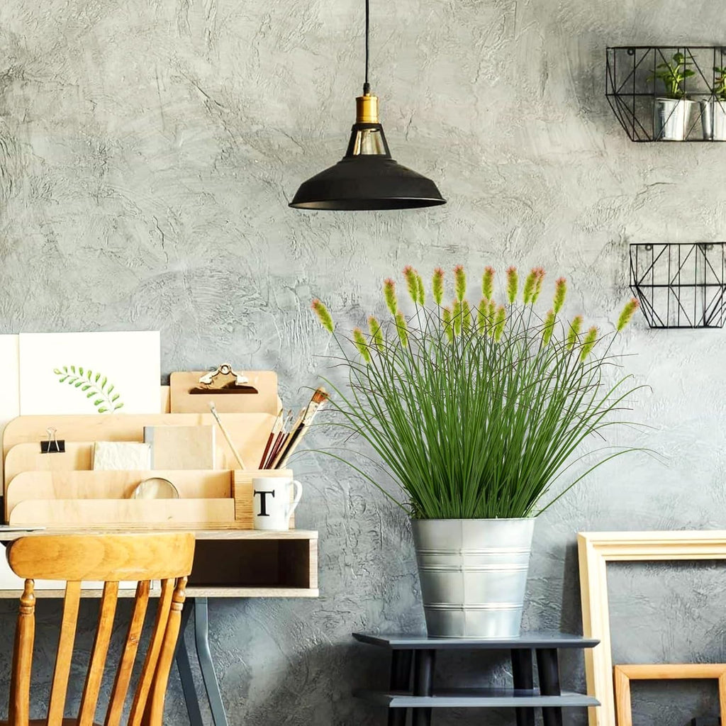 Artificial Grass Plants Outdoor 12 Bunches Fake Onion Grasses with Plush Fake Shrubs Plant Flowers Faux Greenery Wheat Sea Grass for Outside Garden Indoor House Home Office Room Décor (Green & Red）