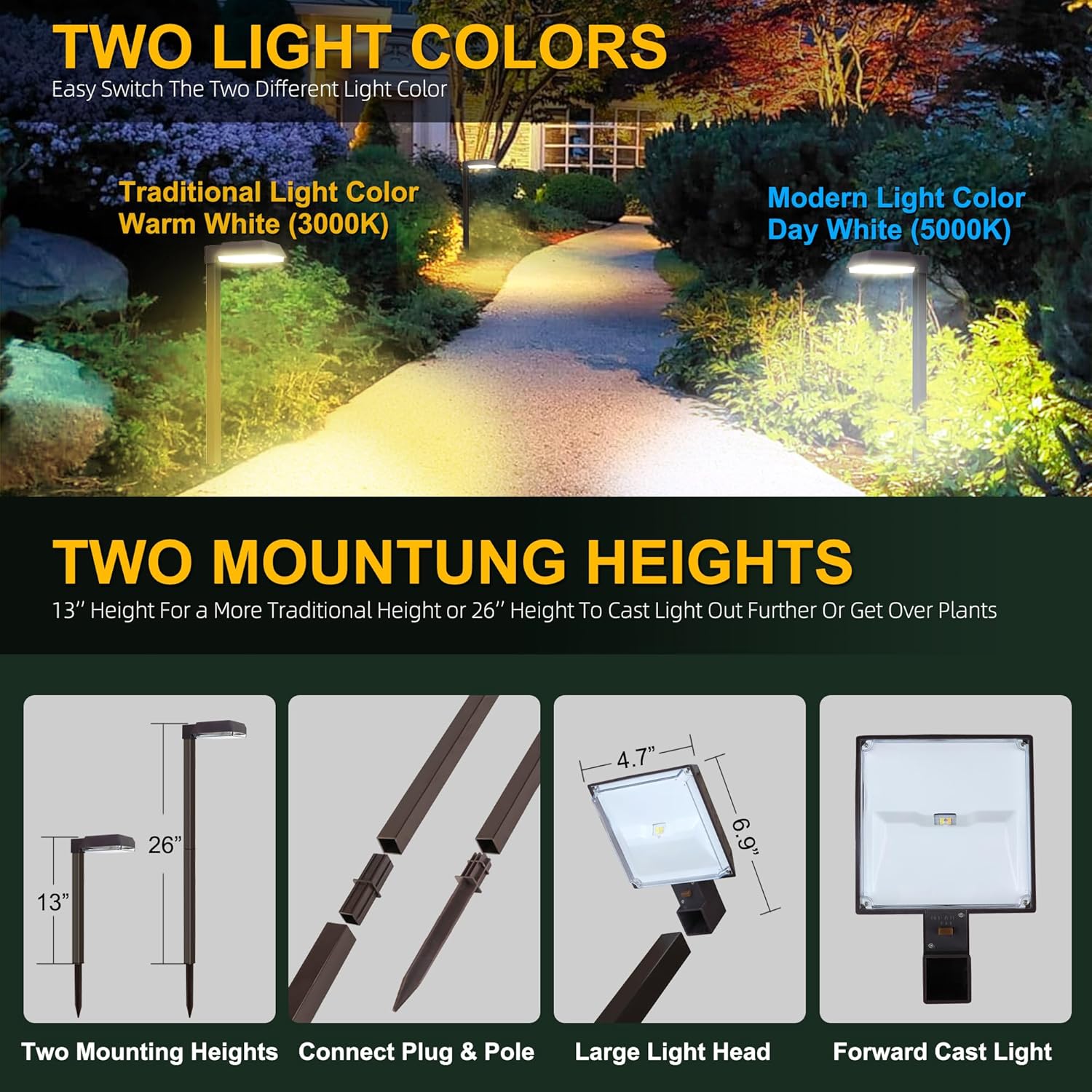 Bobcat Solar Pathway Lights Super Bright 300 lumens with 2-in-1 Warm White and Daylight Modes, Dark Brown Solar Lights for Outdoor Path, Sidewalk, Driveway or Walk Way Light(4 Pack)
