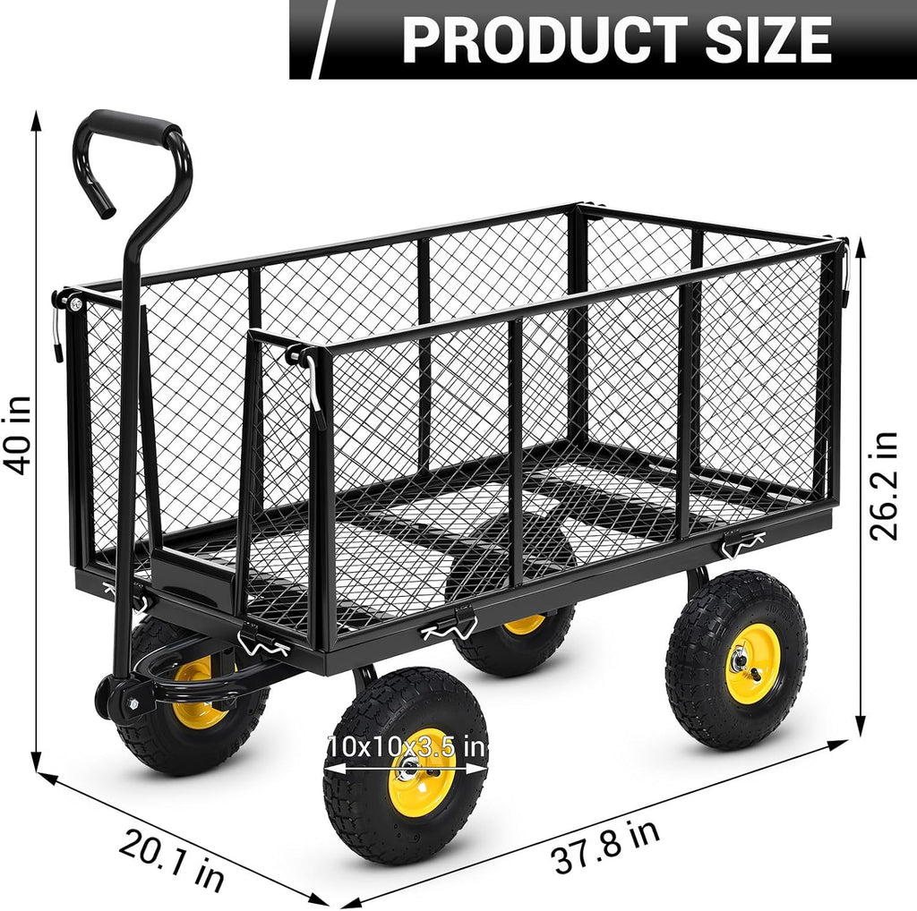 1100 Lbs Steel Garden Cart. Heavy Duty Metal Garden Wagon with 10" Wheels, Pullable Metal Garden Wagon with 180° Rotating Handle and Removable Sides for Farm, Yard