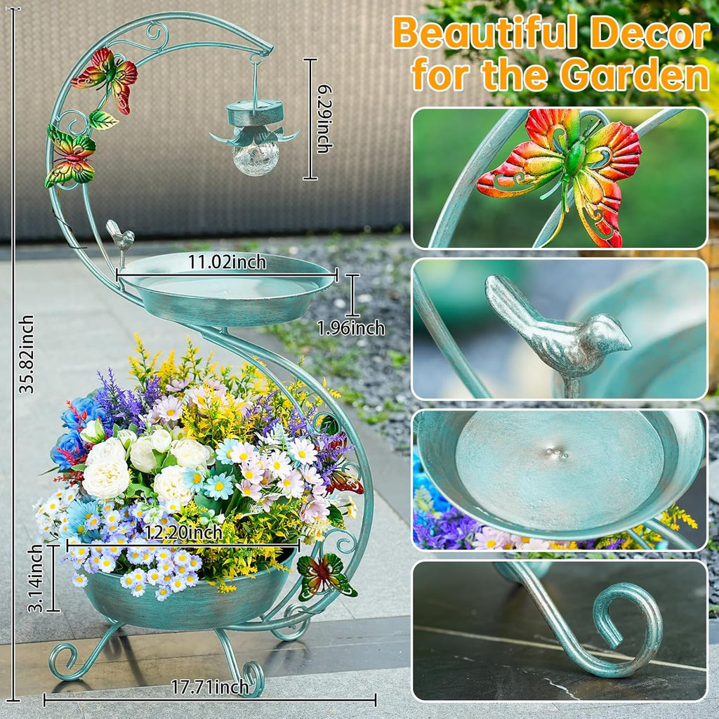 Bird Bath for Outside with Solar Lamp, 36" Birdbaths for Outdoors with Planter Flower Pot, Metal Bird Bath Bowl for Garden Yard Decor (All Blue Green)