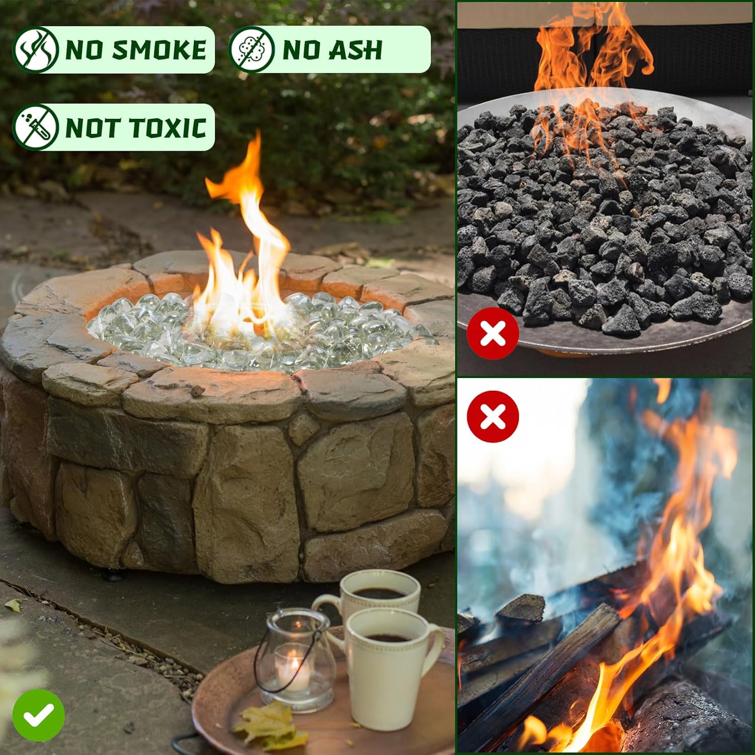 Firepit Glass, Clear Fire Glass Rocks for Propane Fire Pit, Fireplace, and Outdoor Decoration, High Luster 1 Inch Diamonds 10LB