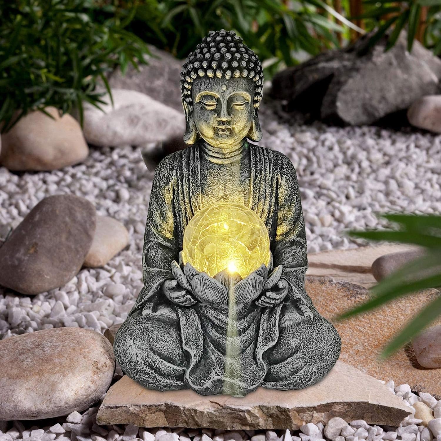 Nacome Meditating Buddha Statue with Solar Light,Zen Solar Garden Buddha with Cracked Glass Ball Sculpture-Indoor/Outdoor Decor for Balcony,Garden,Patio,Porch Yard Art Ornament,Gift