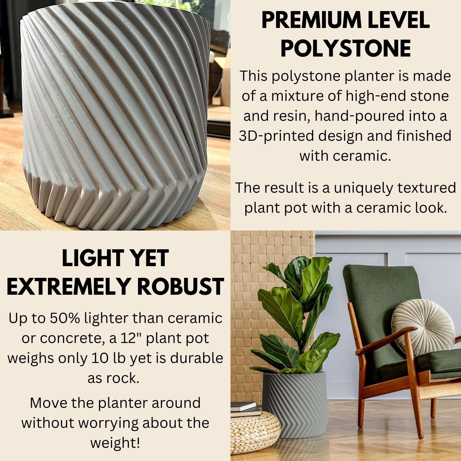Fox & Fern Large 12 Inch Planter — Premium Polystone Gray Plant Pot with 3D Texture and Drainage Plug; 12 Inch Pots for Plants Indoor; Large Planter for Indoor & Outdoor Plants