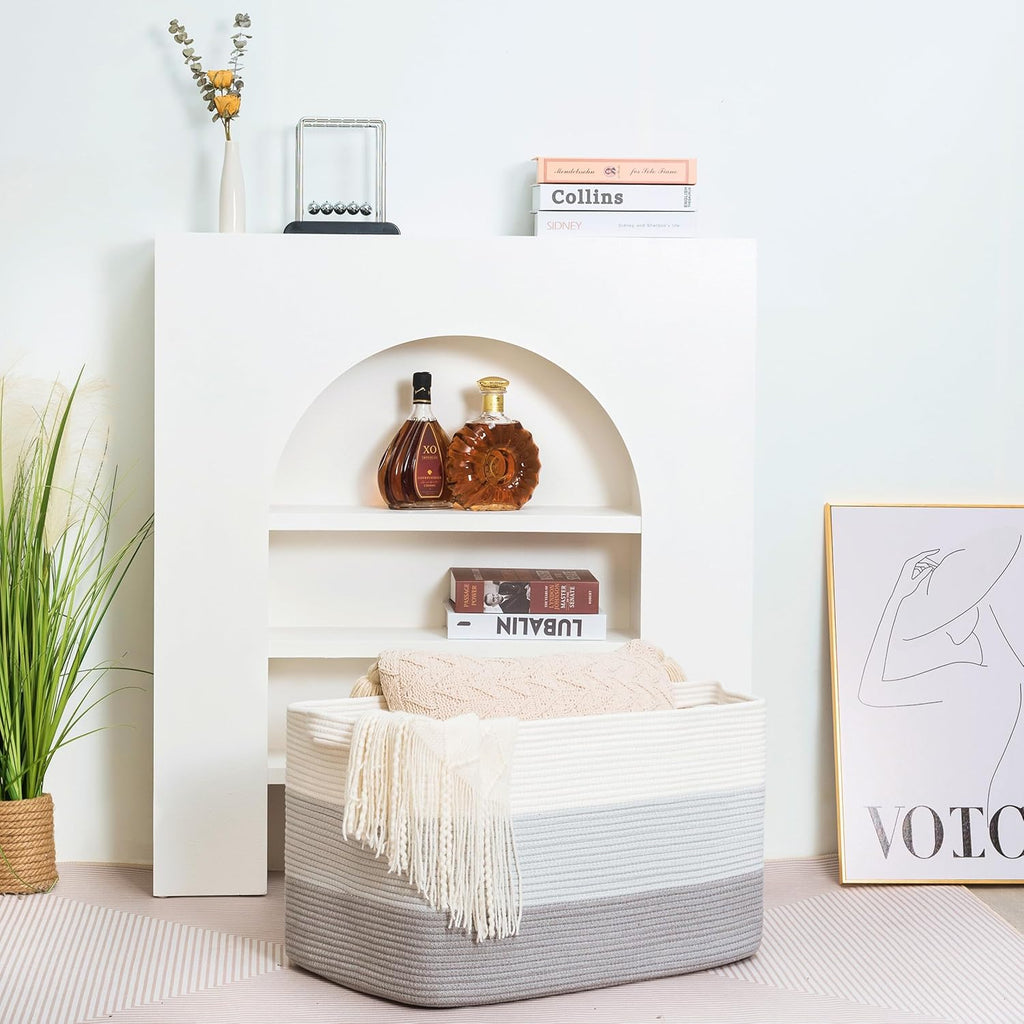 MINTWOOD Design 22in Extra Large Blanket Basket Holder Living Room, Rectangle Rope Woven Storage Basket with Handles for Laundry, Pool Towels, and Shoes, Dog Toy Organizer Bin Box, 3-Tone Light Gray