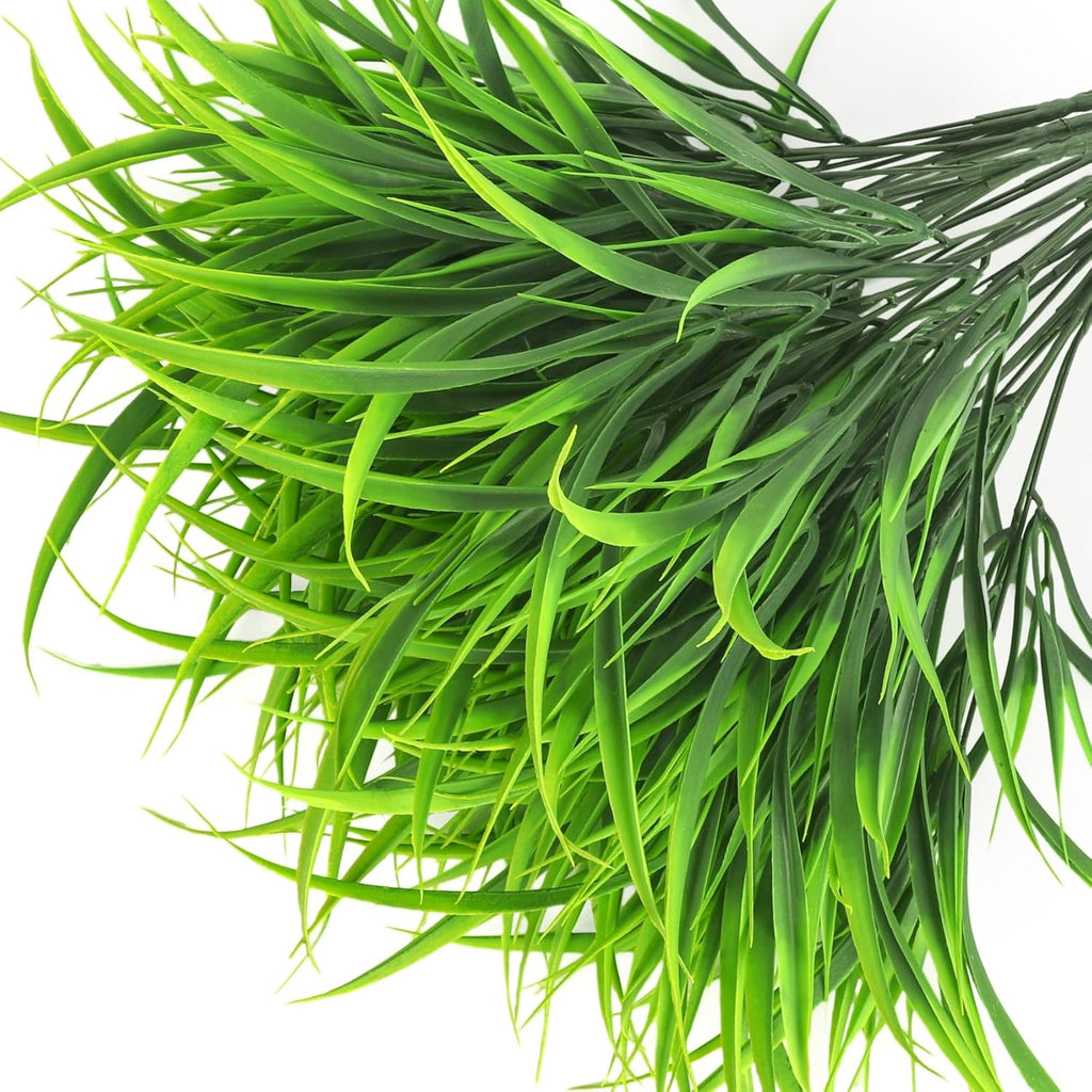 Ouddy Decor 16 Bundles Artificial Plants Outdoor Fake Grass Greenery Stems UV Resistant Faux Plastic Shrubs for Spring Summer Garden Pathway Window Box Front Porch Home Decor, Green