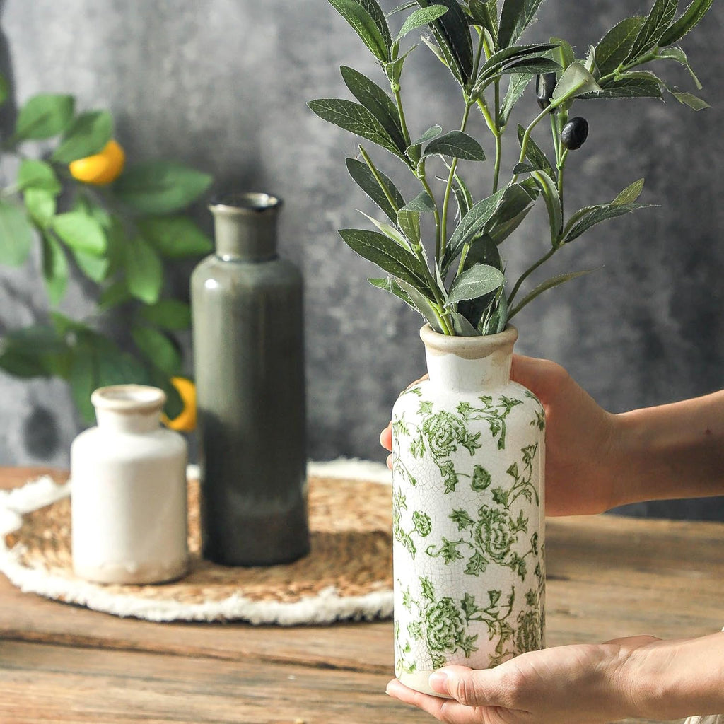 Vintage Vase Set of 3, Ceramic Vintage Flower Vases, Chinoiserie Decorative Home Decor Retro Floral Vase Rustic Farmhouse Decor for Table Bookshelf Mantel Kitchen Living Room Office - Green and Beige