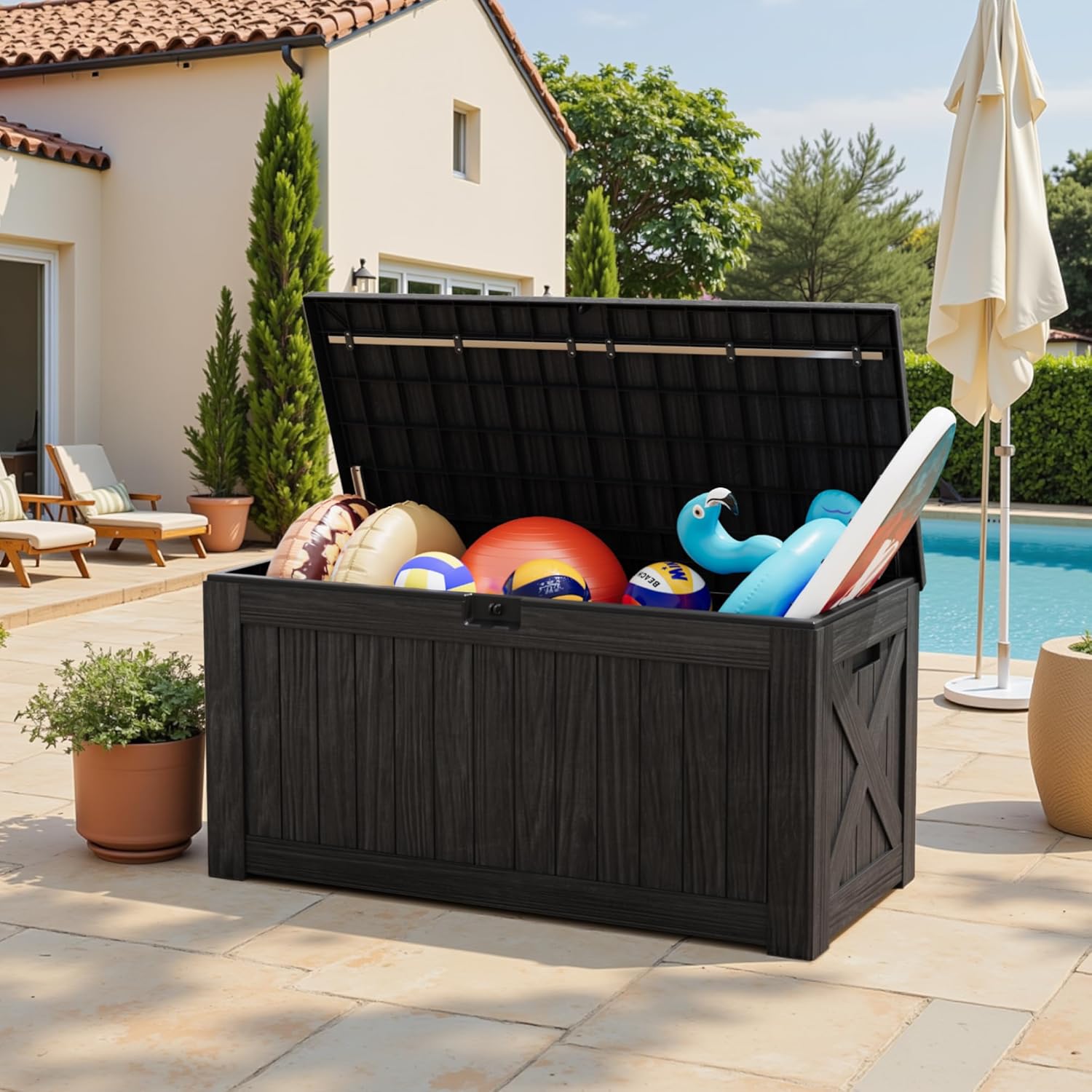 Greesum 120 Gallon Outdoor Storage Box with Lock - Large Resin Deck Box, Reinforced Lid for Garden, Patio, Lawn, Black