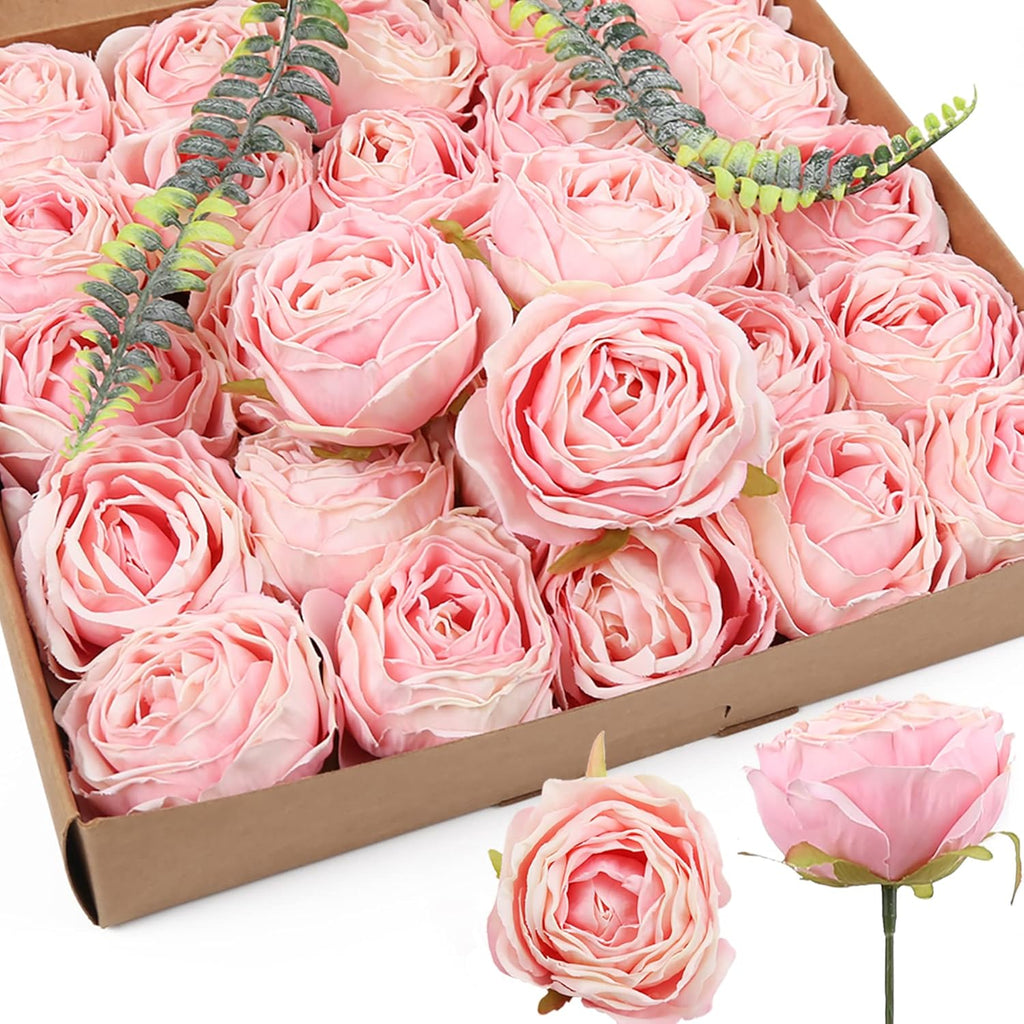 IPOPU Pink Artificial Flowers Rose Heads 25PCS Dried Pink Flowers Artificial Roses with Stems Fake Flowers for Bridal Shower Decorations Silk Flower Heads Bulk Arrangements (Pink)