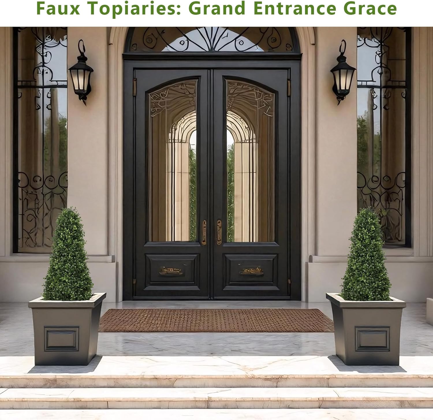 3ft Artificial Boxwood Topiary Trees (Set of 2) - UV Resistant Faux Plants Outdoor, Realistic 36" Fake Cone Bushes and Shrubs for Front Porch, Planter, Patio - Low Maintenance & Evergreen