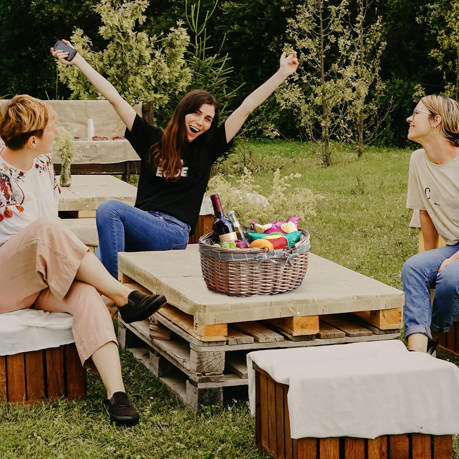 G GOOD GAIN Oval Picnic Basket with Folding Handles, Willow Hand Woven Shopping Basket, Bath Toy Kids Toy Storage Gift Packing Basket, Wicker Empty Easter Eggs and Candy Small Gift Basket.GreyCheck