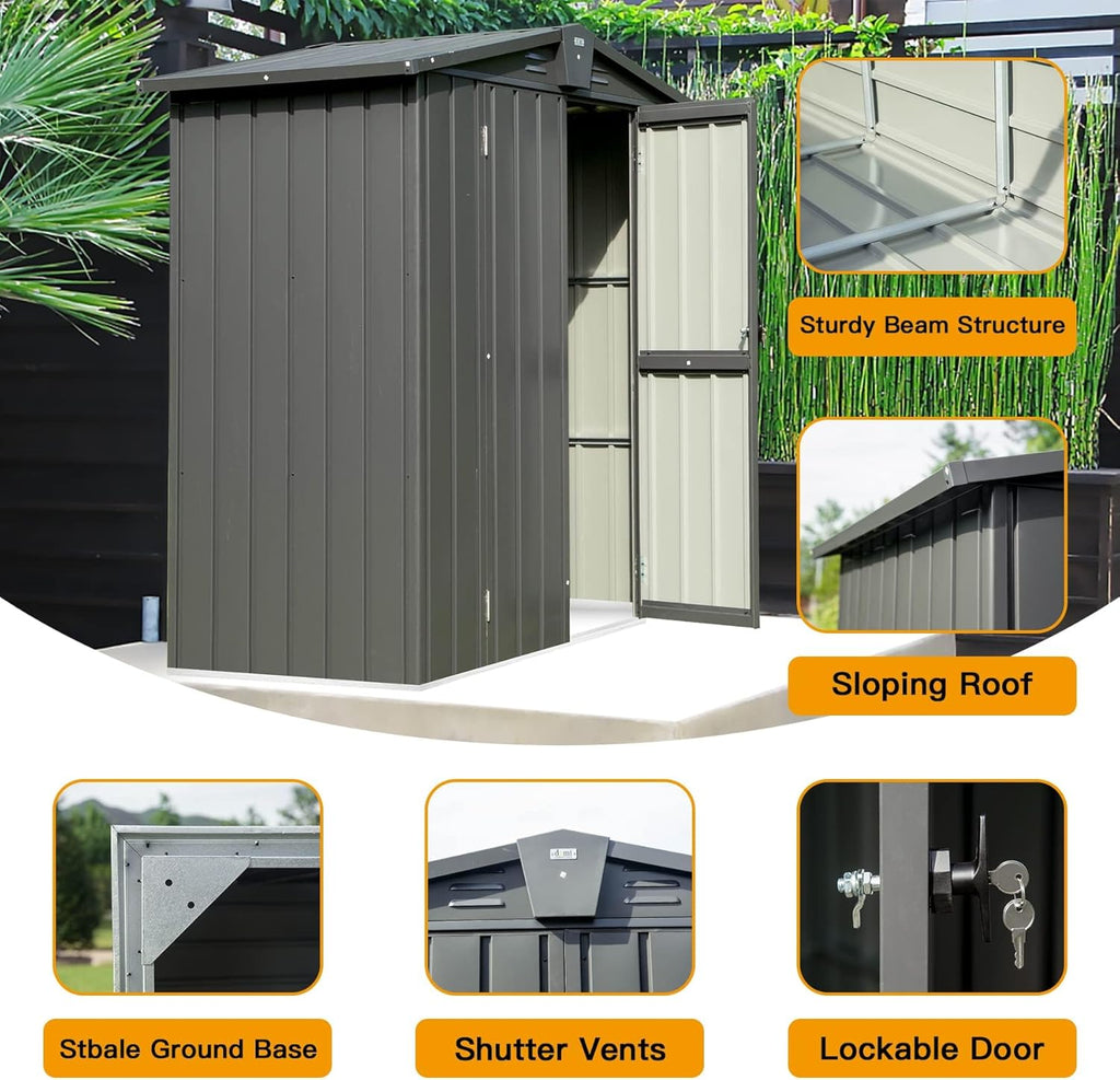 Domi Outdoor Storage Shed 5.7' x 3’, Metal Garden Shed with Galvanized Steel Frame for Bike, Tools, Lawn Mowers, Pool Toys, Outdoor Storage Cabinet with Lockable Door for Garden Lawn Patio (Dark Grey)