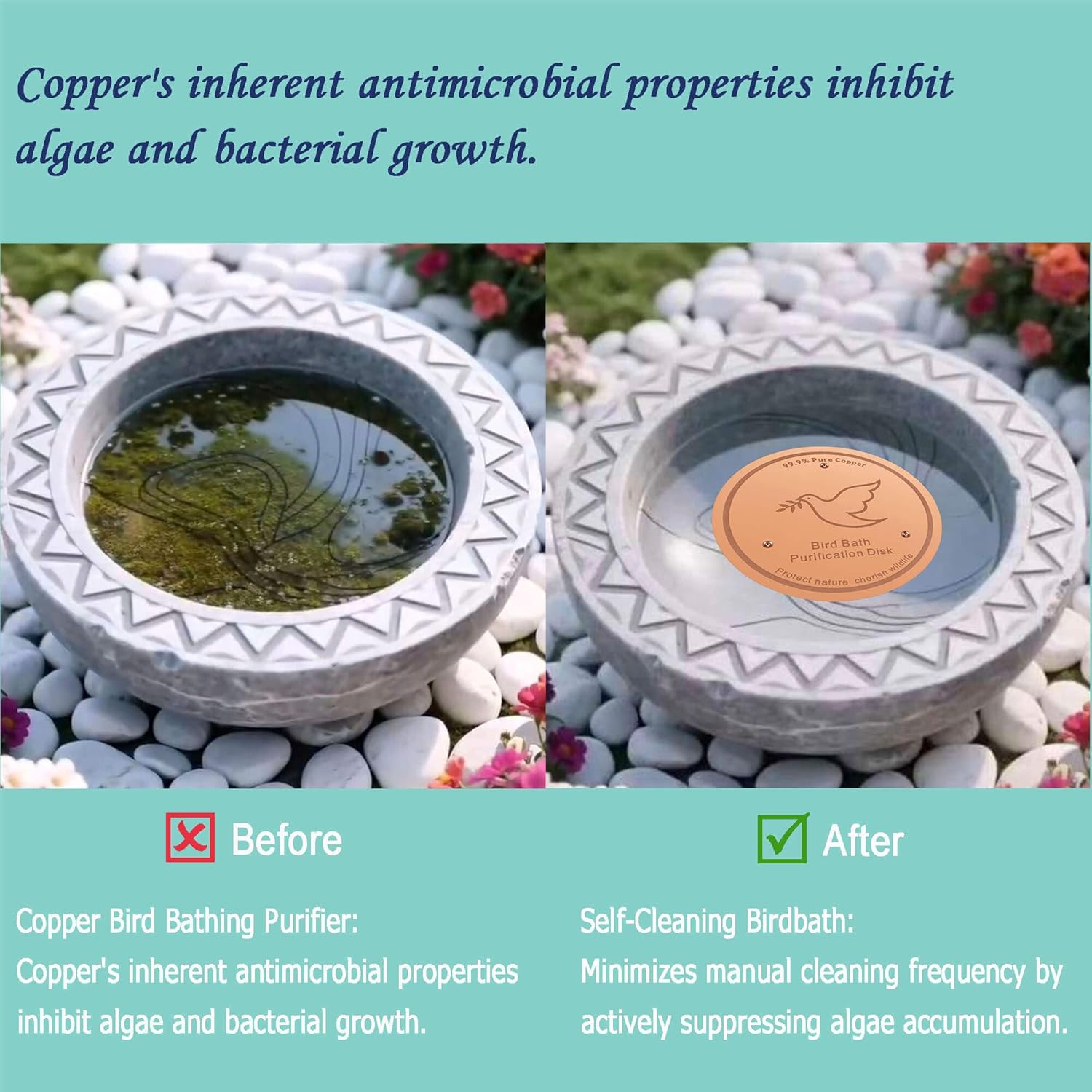 3Pack Bird Bath Copper Purification Disk | 0.6mm Reinforced 99.9% Pure Copper | Universal Fit for Outdoor Birdbaths(Birdbath Copper 3 Pack)