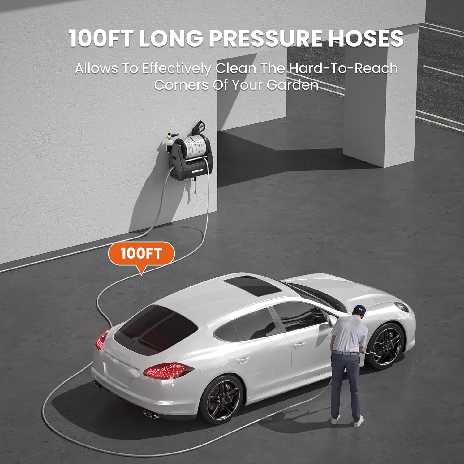 Giraffe Tools Grandfalls Pressure Washer Plus+, Electric Wall Mount Power Washer with 100FT Ultra-Soft Pressure Hoses, 2900PSI, 2.2GPM, 4 Nozzles, Foam Cannon for Cars/Patios, Dark Silver