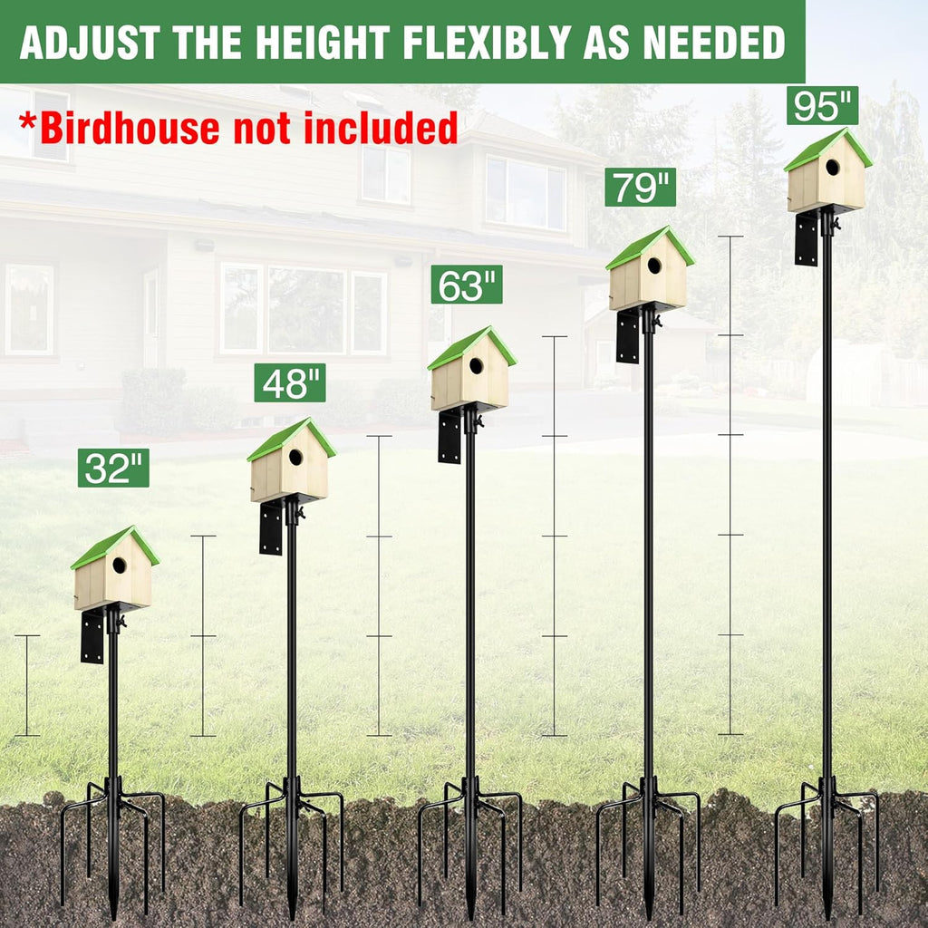 Bird House Pole, 95 Inch Heavy Duty Bird Feeder Pole Mount Kit for Outdoors, Adjustable Bird Feeding Stand, with 2-Hooks, 5-Prong Base for Birds Watching