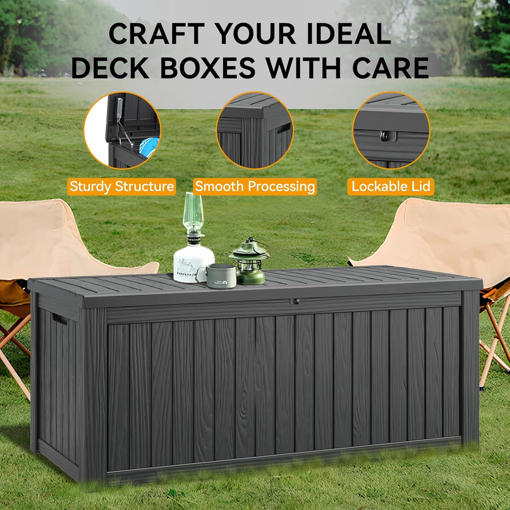 NUNU LAB 180 Gallon Outdoor Storage Box,Large Resin Sturdy Deck Box, Backyard Outside Storage Box Waterproof with Double Wall Panels,Package Delivery Garden Hose Storage Bin Outdoor Tool