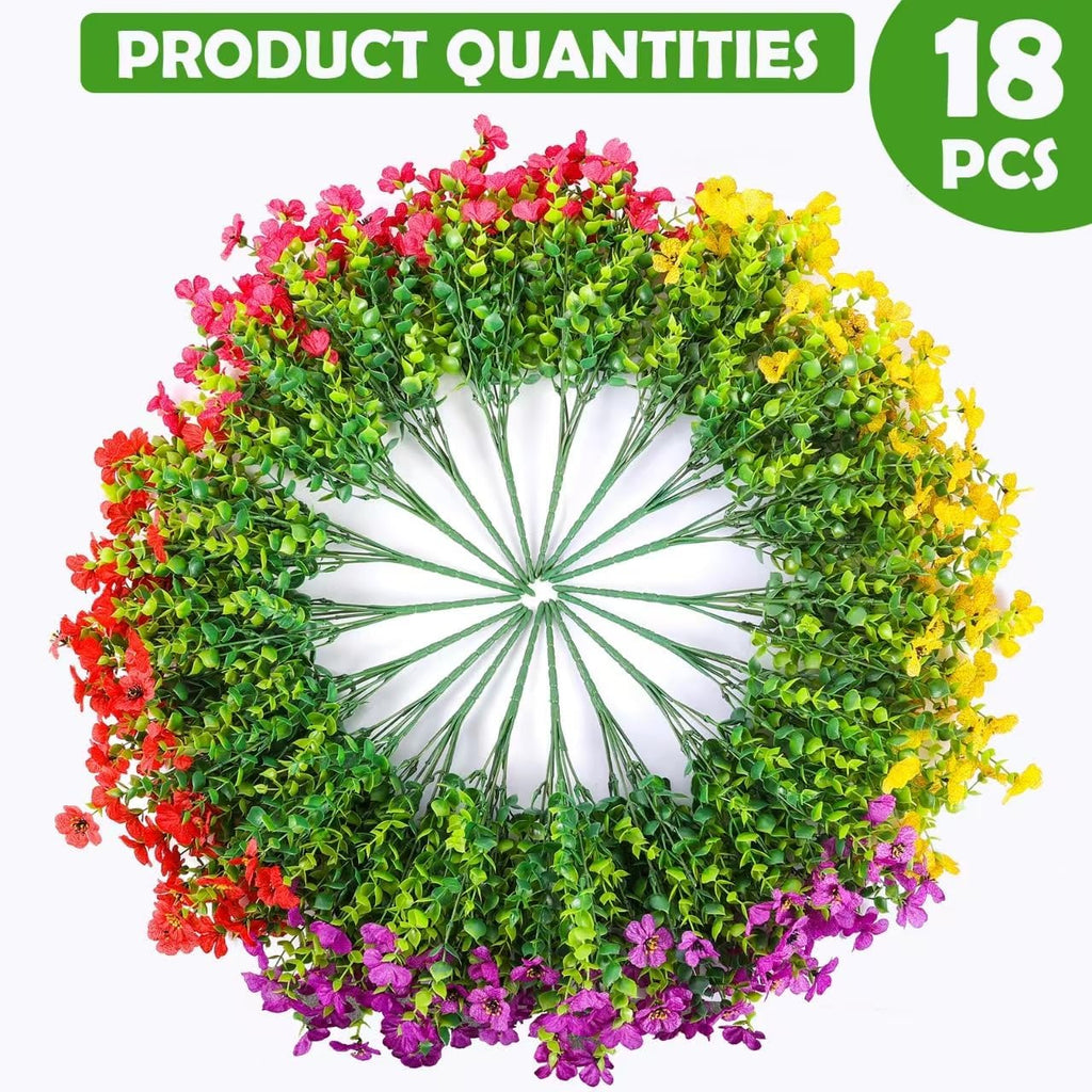 18 Pcs Artificial Flowers for Outdoors UV Resistant Fake Flower Plastic Spring Flowers Faux Silk Plants for Outside Porch Window Easter Patio Home Decor (18, Red, Purple, Yellow, Rose Red)