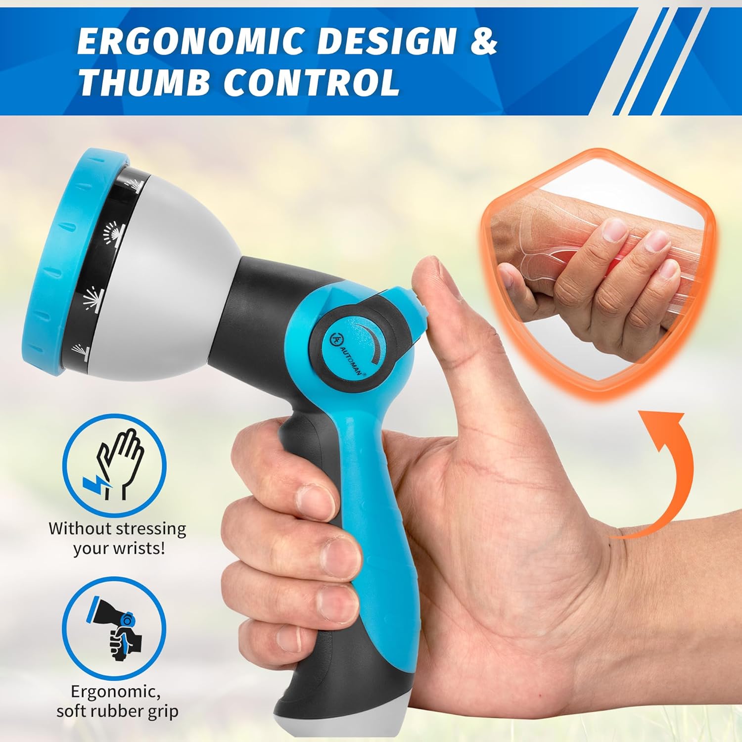 AUTOMAN Garden Hose Nozzle - 10 Adjustable Spray Patterns, Thumb Flow Control Hose Sprayer, Water Hose Spray Nozzle for Plants Watering, Car Washing, Window Cleaning, Pets Bathing, Outdoor Fun, Blue