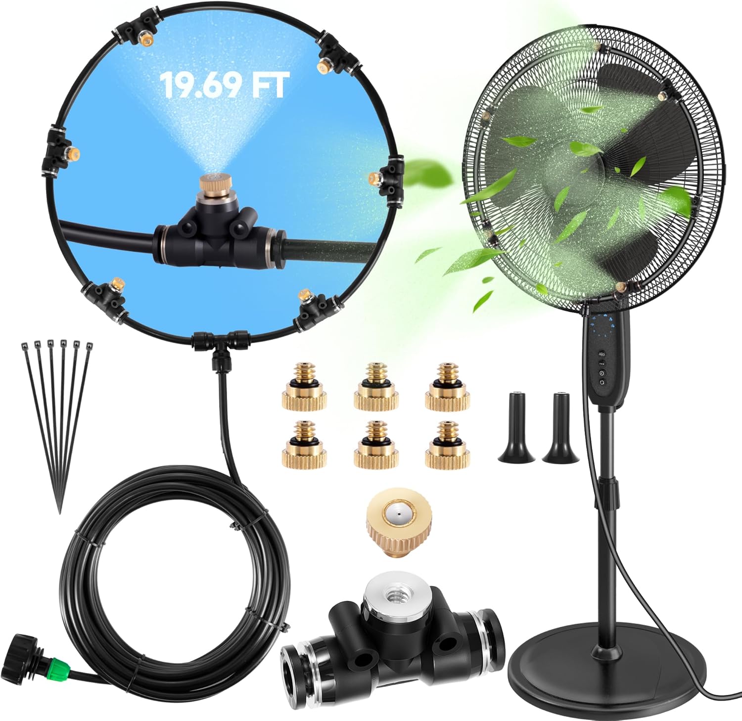 Anti Leak Misting Fans for Outside,Outdoor Misting Fan Kit,19.69FT(6M) with 6 Brass Nozzle + 6m Line + 3/4" Adapter Water Mist Sprayer for Backyard Patio, Perfect for Outdoor Cooling System