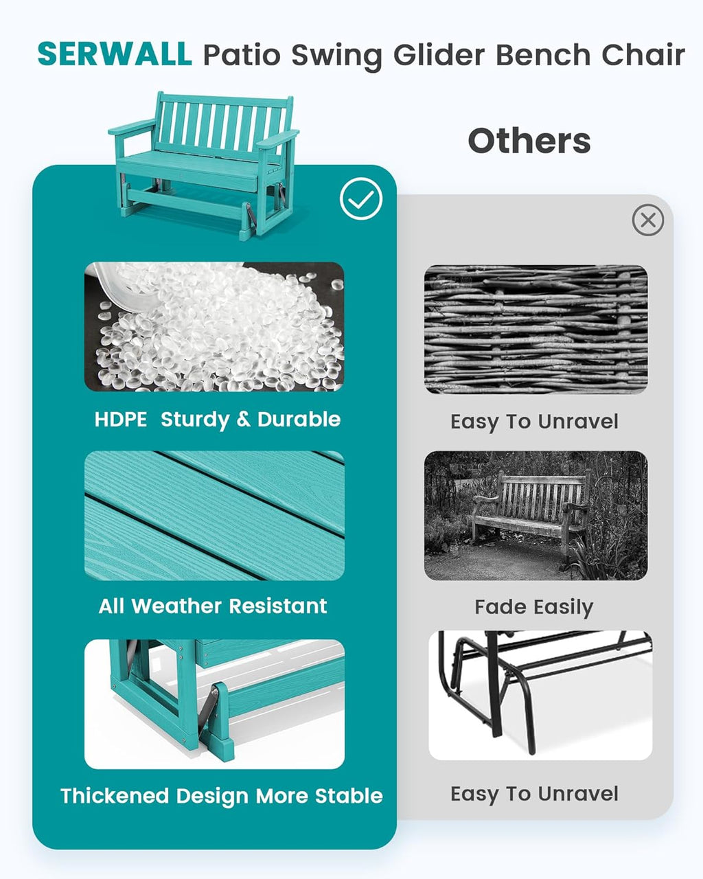 SERWALL Outdoor Glider Bench Set of 2, HDPE Weather-Resistant Swinging Bench for Backyard Garden Porch, Aruba