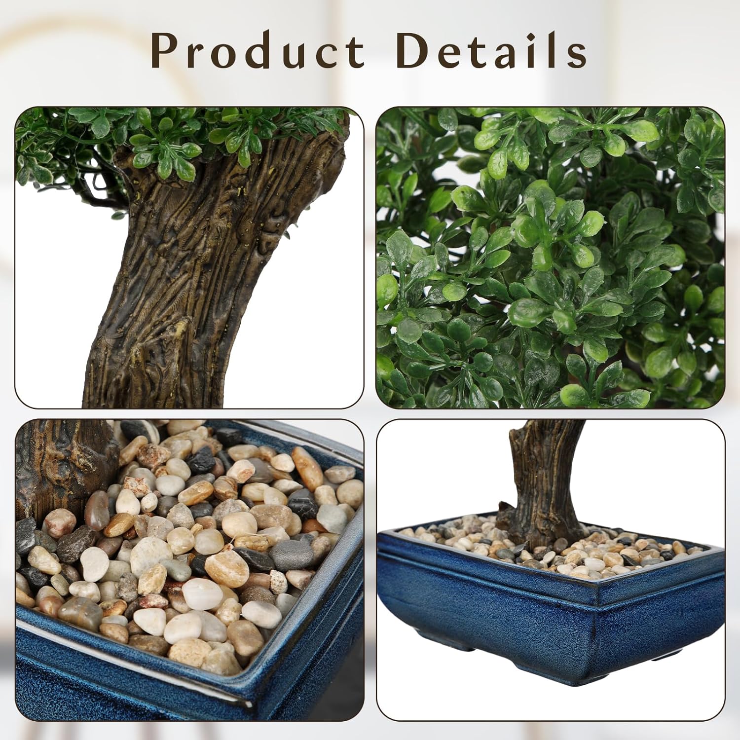 Artificial Bonsai Tree Juniper Faux Plants Indoor Fake Plants Decor with Blue Square Ceramic Pots for Home Table Office Desk Bathroom Shelf Bedroom Living Room Farmhouse Decorations