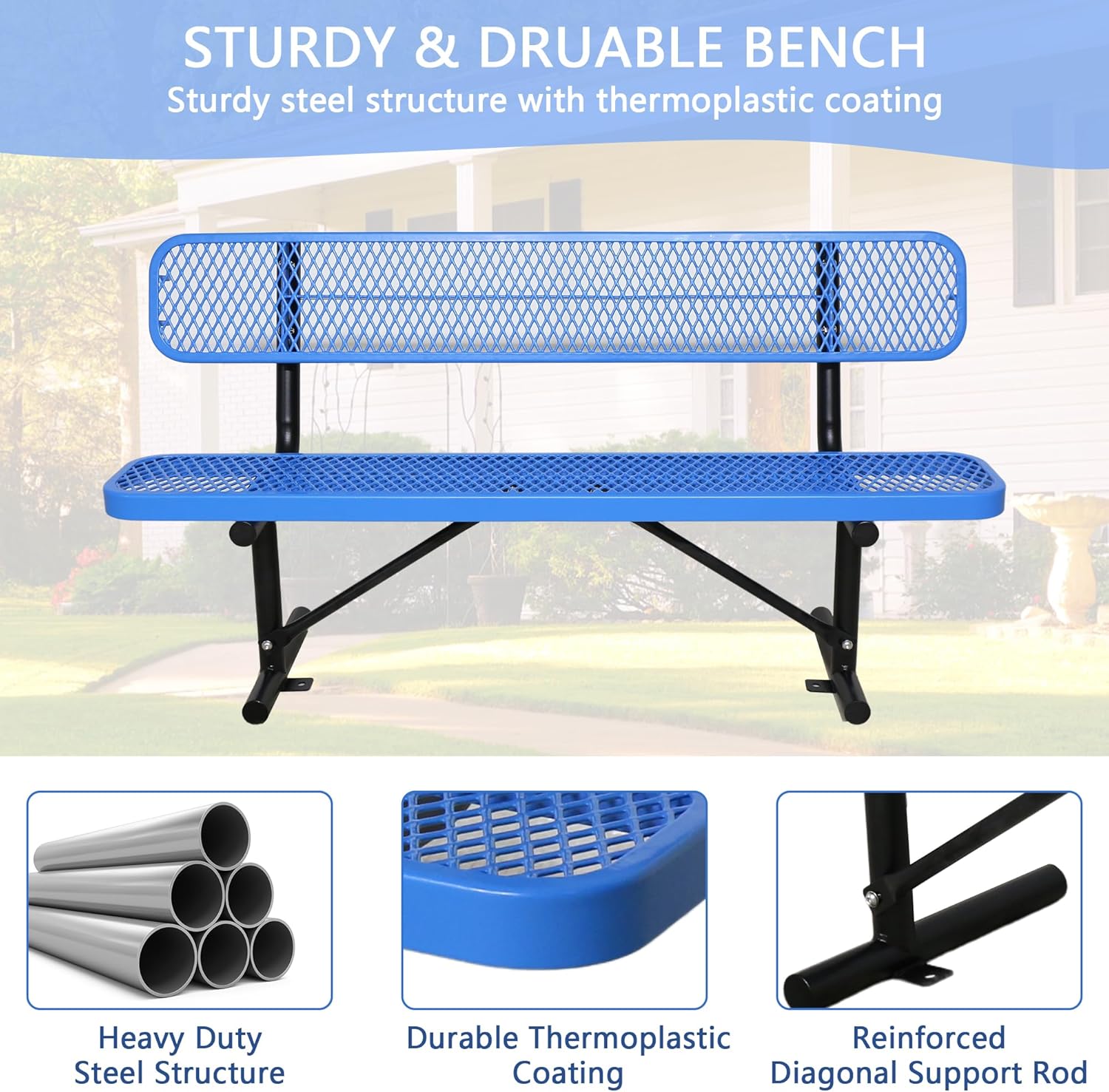 8 Feet Heavy Duty Metal Park Bench for Outside, Outdoor Steel Bench with Backrest & Portable Frame, Commercial Benches for Shopping Malls/Stores/Parks/Patios/Decks/School,Blue