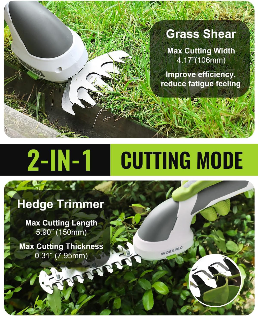 WORKPRO Cordless Grass Shear & Shrubbery Trimmer - 2 in 1 Handheld Hedge Trimmer 7.2V Electric Grass Trimmer Hedge Shears/Grass Cutter Rechargeable Lithium-Ion Battery and Type-C Cable Included