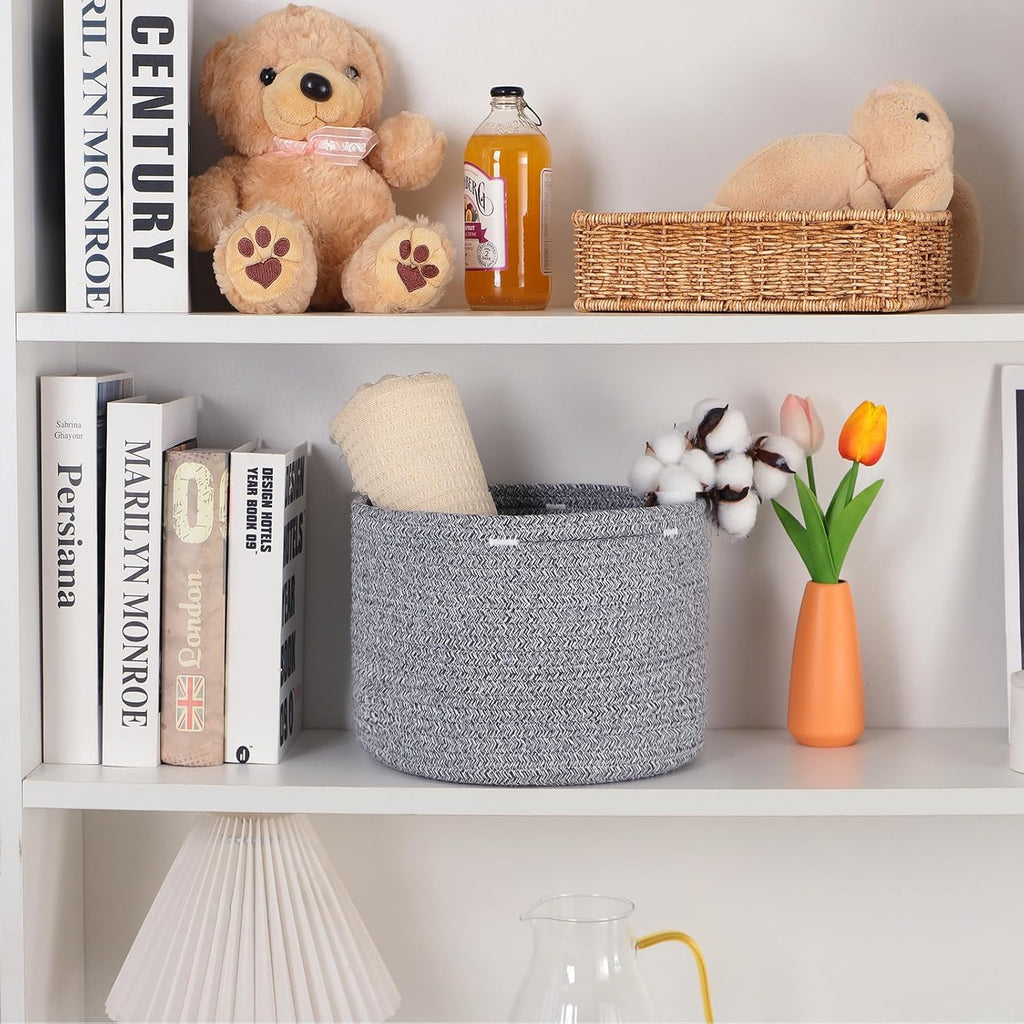 Small Basket for Organizing | Cube Shelf Closet Storage Baskets | 9.7×9.7×7.1” | Woven Rope Gift Basket | Nursery | Round 3 Packs Mixed Grey