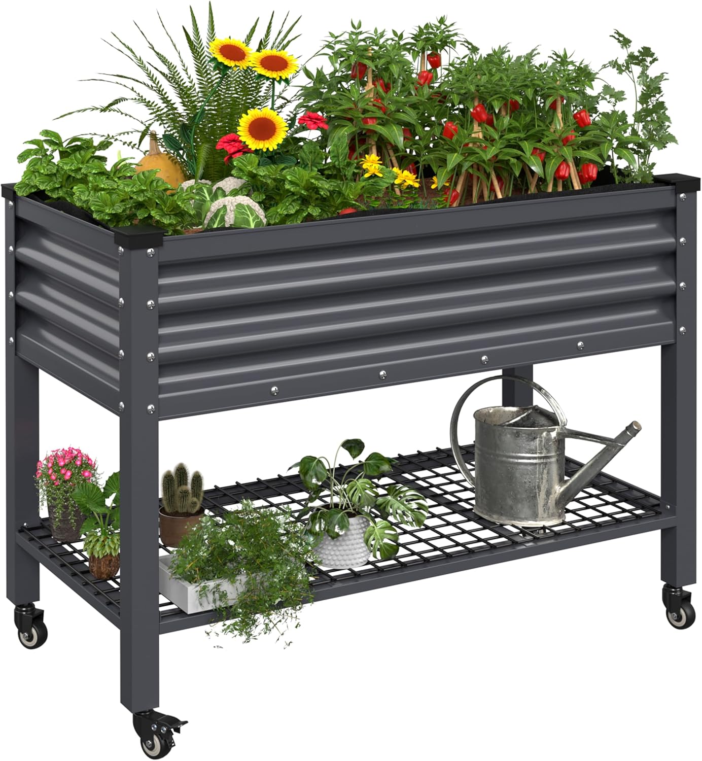 MUPATER Galvanized Steel Raised Garden Bed, 47.8" L x 23.5" W x 33.5" H Large Metal Elevated Raised Planter Box with Rolling Casters & Extra Bottom Shelf for Backyard, Patio, Balcony, Gray