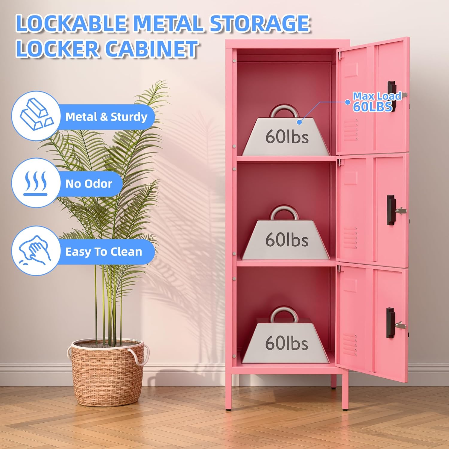 METAN Metal Storage Employees Locker with 3 Lockable Doors,47''H*16''W*16''D Locking Storage Cabinets for Small Spaces,Home,School,Gym,Assembly Required,Pink