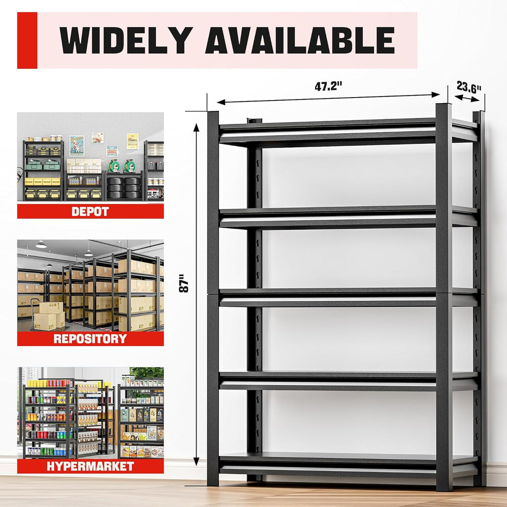 Heavy Duty Metal Garage Shelving Unit, 5 Tier Storage Shelf for Garage, Utility, and Industrial Use - Sturdy Garage Storage Shelf Organizer, Metal Shelving for Garage Storage 24"D x48"W x87"H（5 pcs）