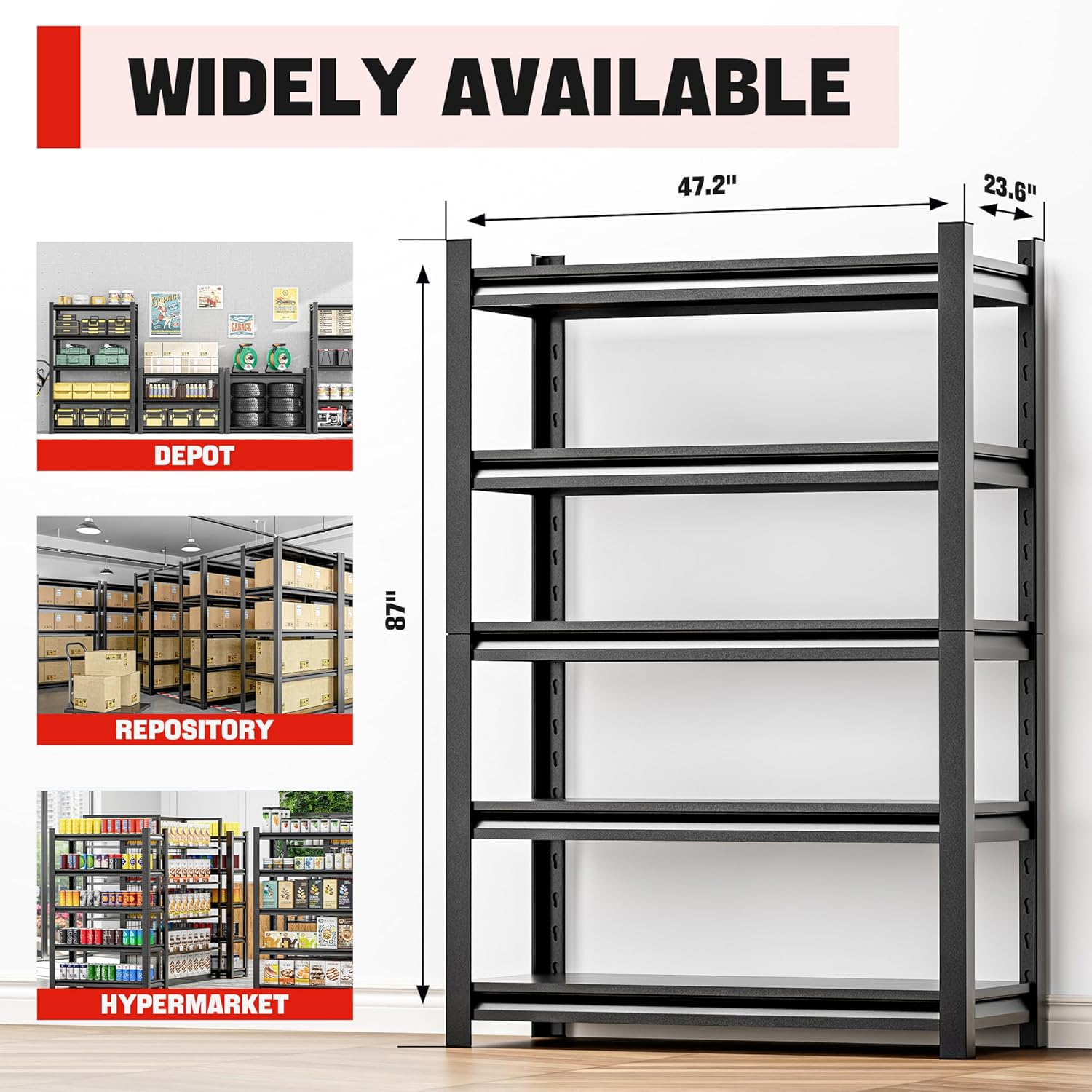 Heavy Duty Metal Garage Shelving Unit, 5 Tier Storage Shelf for Garage, Utility, and Industrial Use - Sturdy Garage Storage Shelf Organizer, Metal Shelving for Garage Storage 24"D x48"W x87"H（5 pcs）