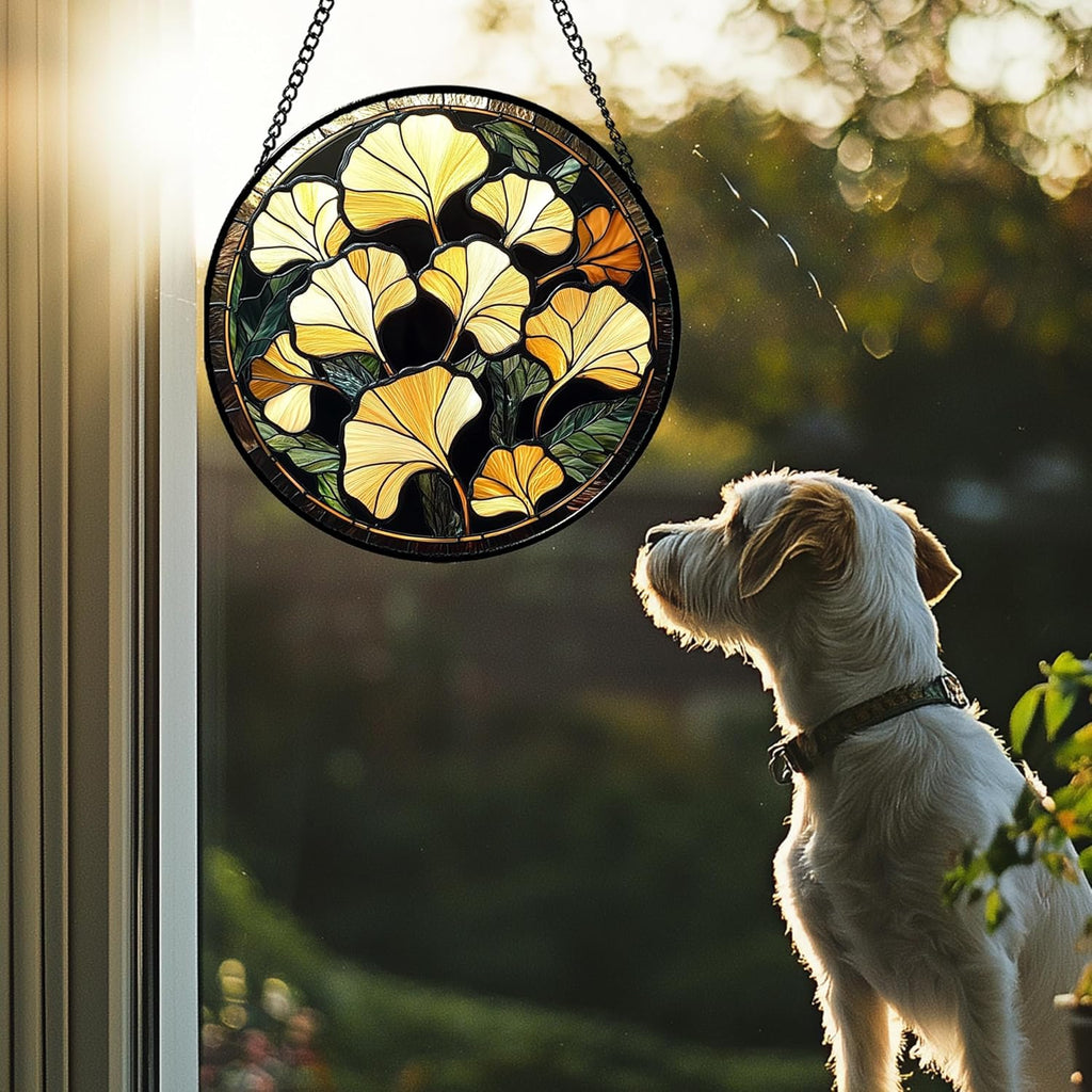 Stained Glass Window Hanging - Ginkgo Leaf Suncatcher for Doors Garden Patio Retro Fall Decor Sun Catchers Christmas Mother's Day Birthday Gifts for Women Men Mom Nana Friend 11.8 in