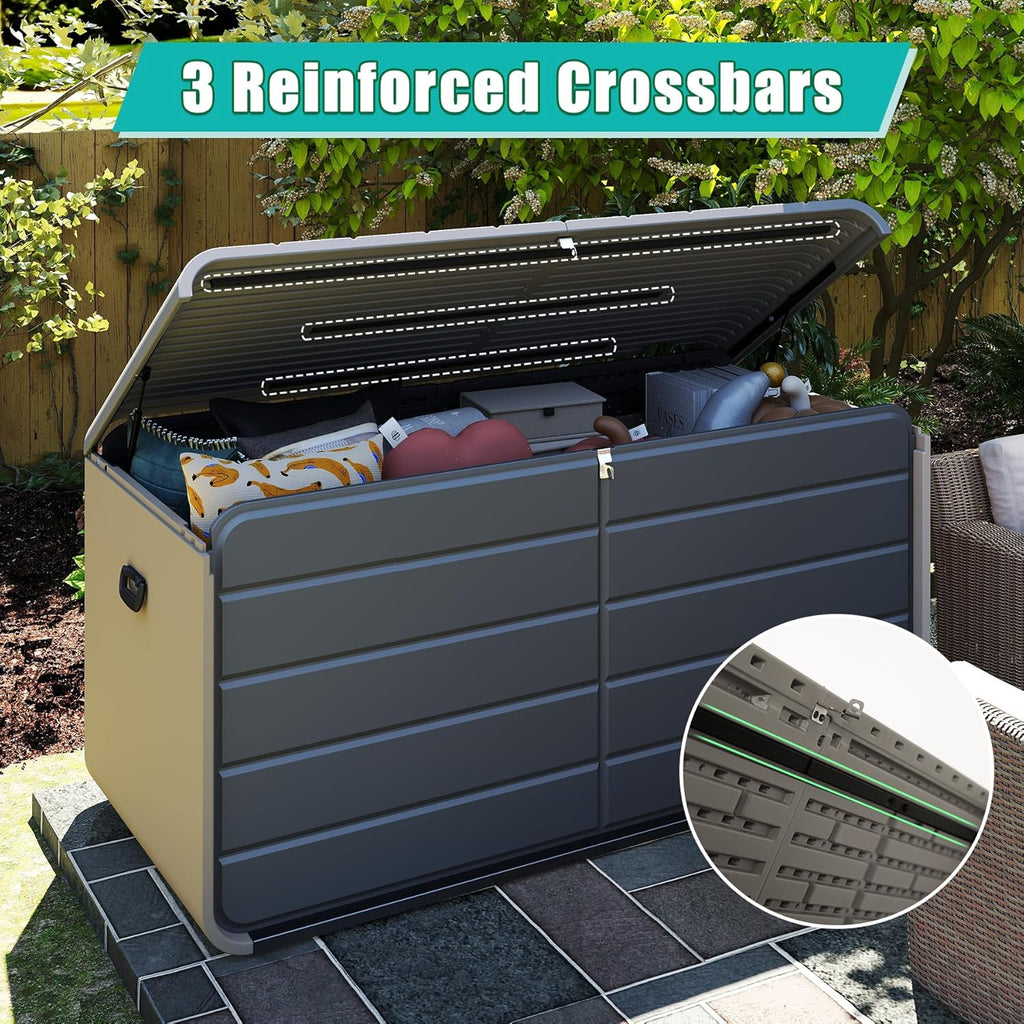 Domi 160 Gallon Resin Deck Box, Waterproof & UV-Resistant Outdoor Large Storage Box Lockable Storage Bin for Patio Cushions Pool Supplies Garden Tools and Delivery Storage