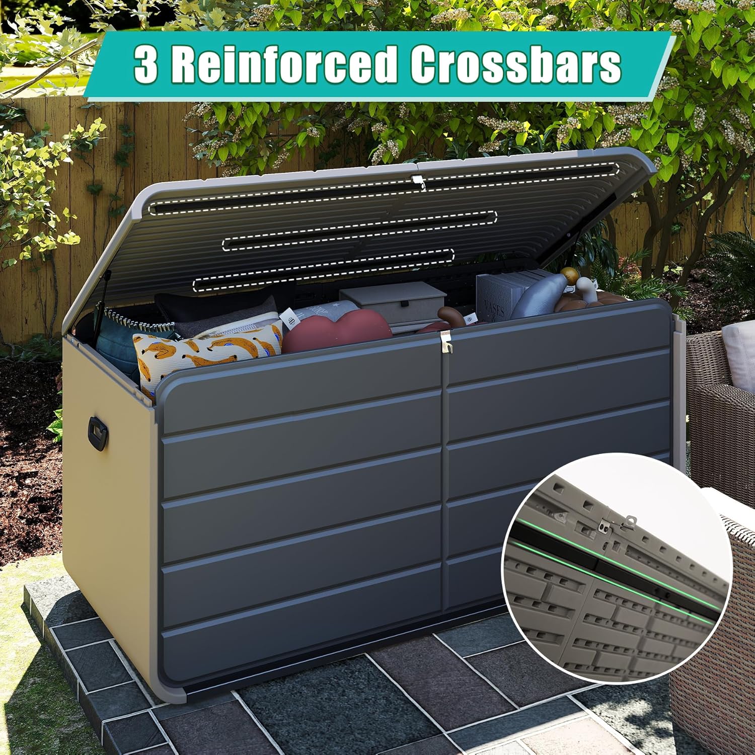 Domi 160 Gallon Resin Deck Box, Waterproof & UV-Resistant Outdoor Large Storage Box Lockable Storage Bin for Patio Cushions Pool Supplies Garden Tools and Delivery Storage