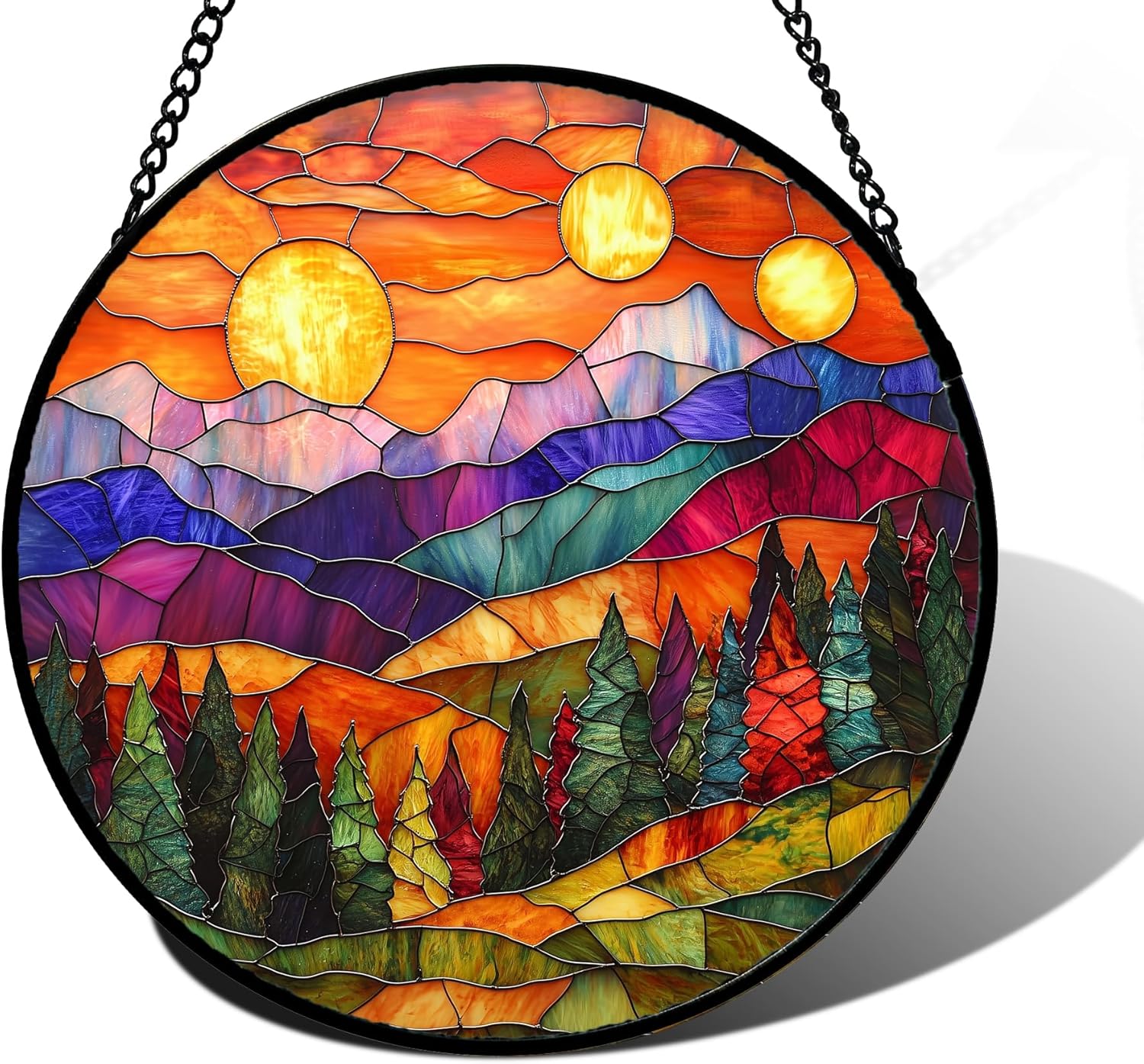 Stained Glass Window Hanging, Sunset Abstract Sun Catchers Colorful Glass Panel Landscape Suncatcher Decor for Birthday for Women, Men, Wife, Aunt, and Mom 11.8x11.8 in