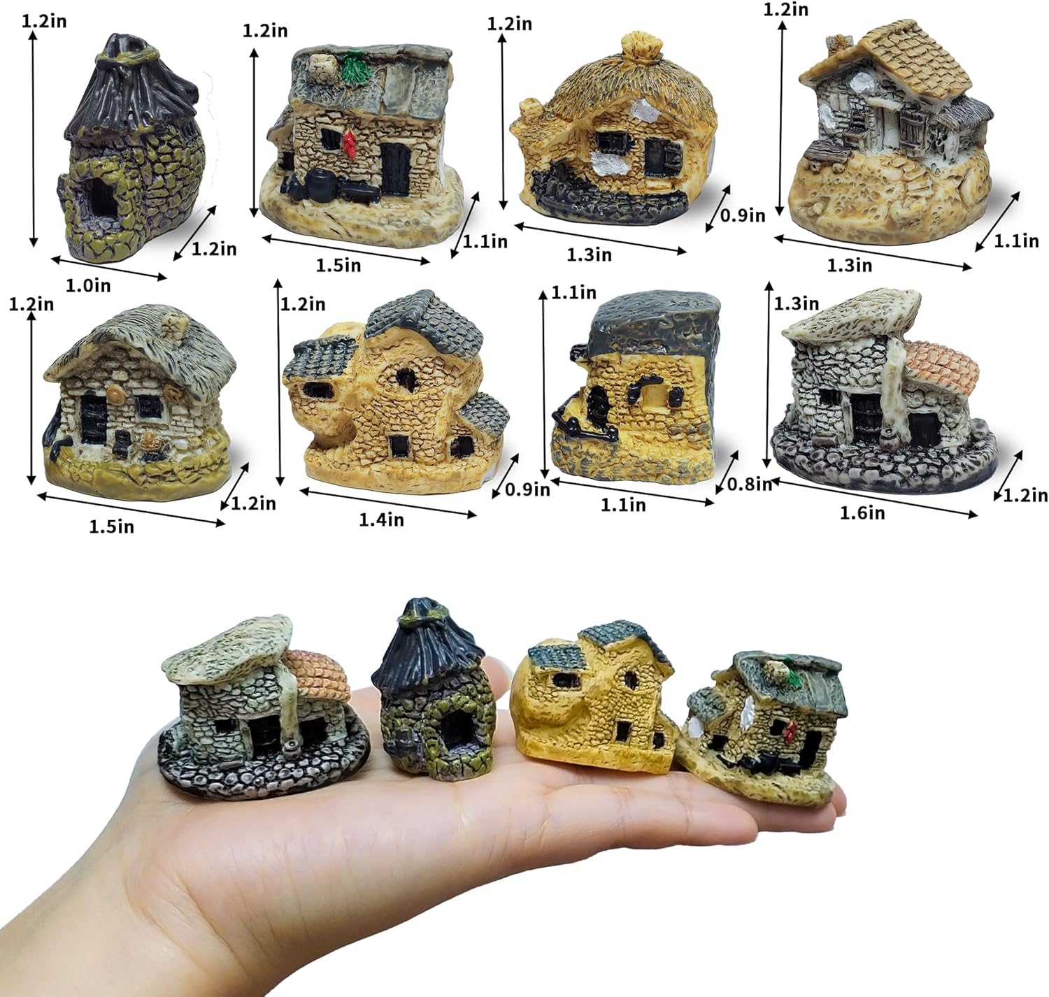 8PCS Miniature House Figurines Mini Resin House Micro Landscape Decoration Tiny Village Hut Cottage Fairy Garden Accessories Succulent Planting Flower Pot Terrarium Decor